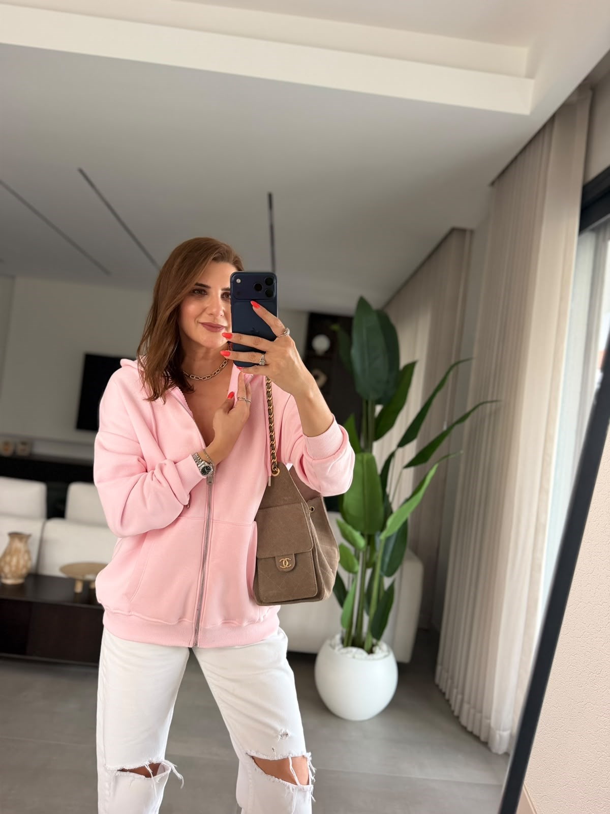 Pembe Üç İplik Kapşonlu Oversize Ceket