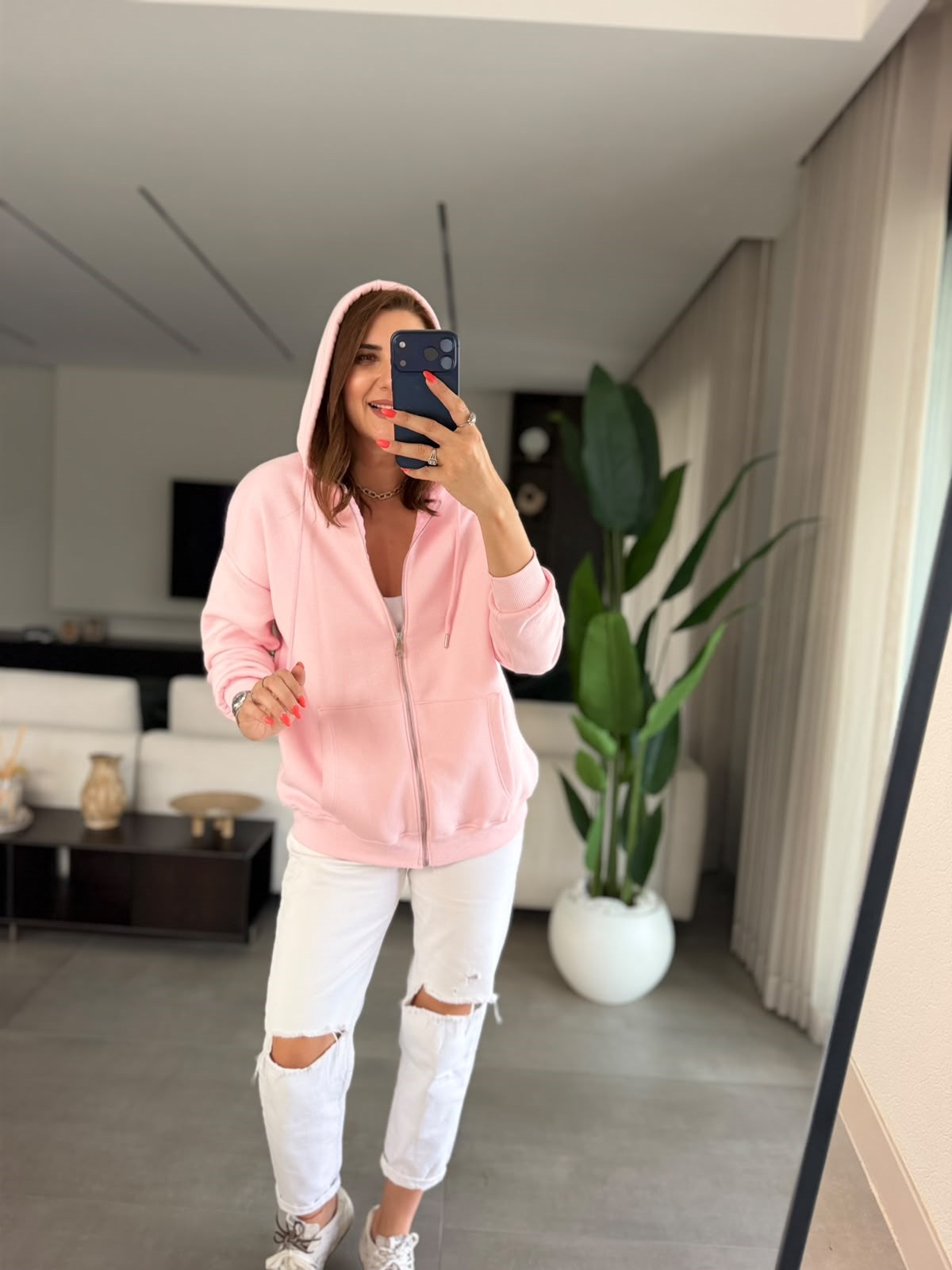 Pembe Üç İplik Kapşonlu Oversize Ceket