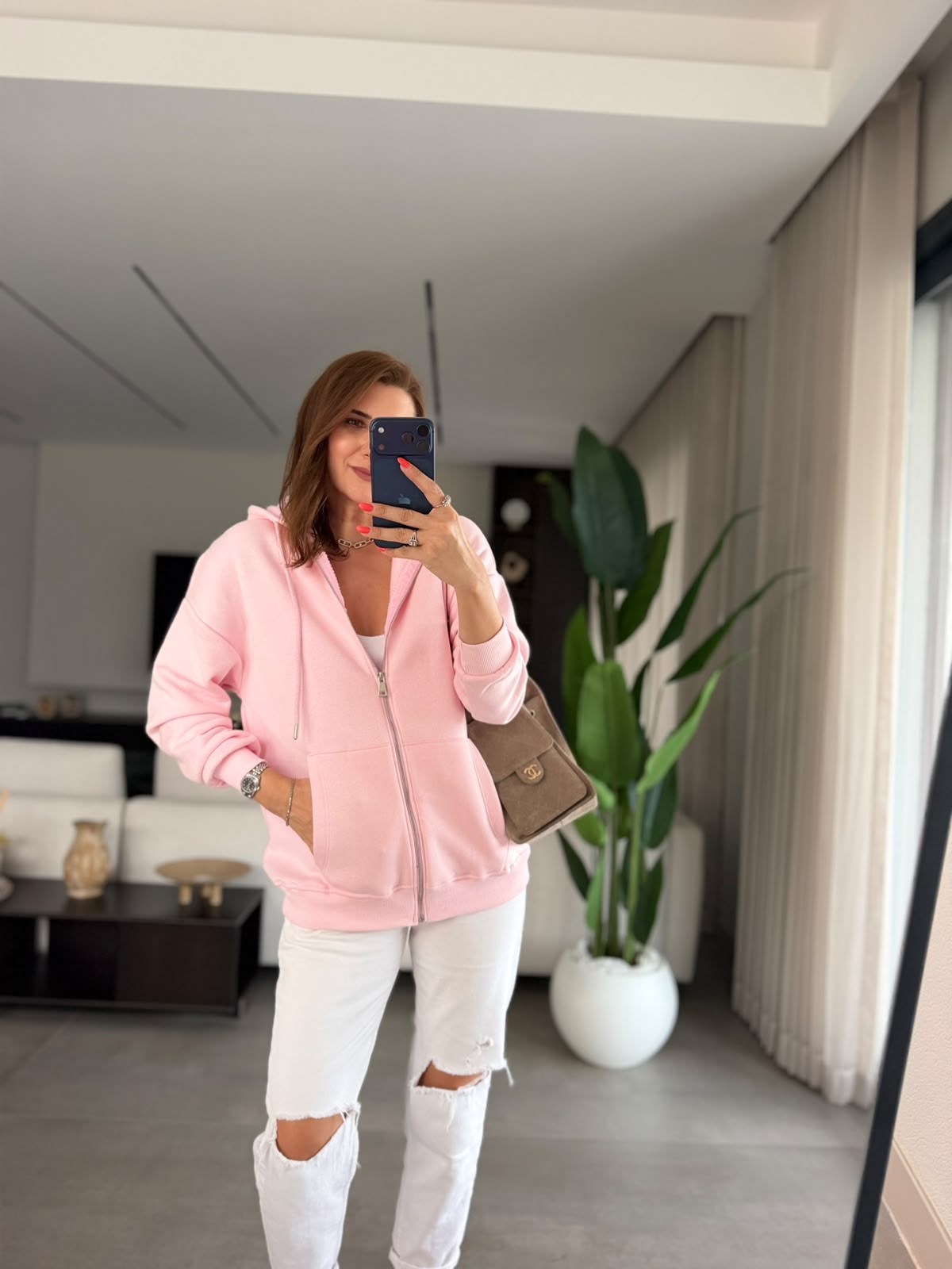 Pembe Üç İplik Kapşonlu Oversize Ceket