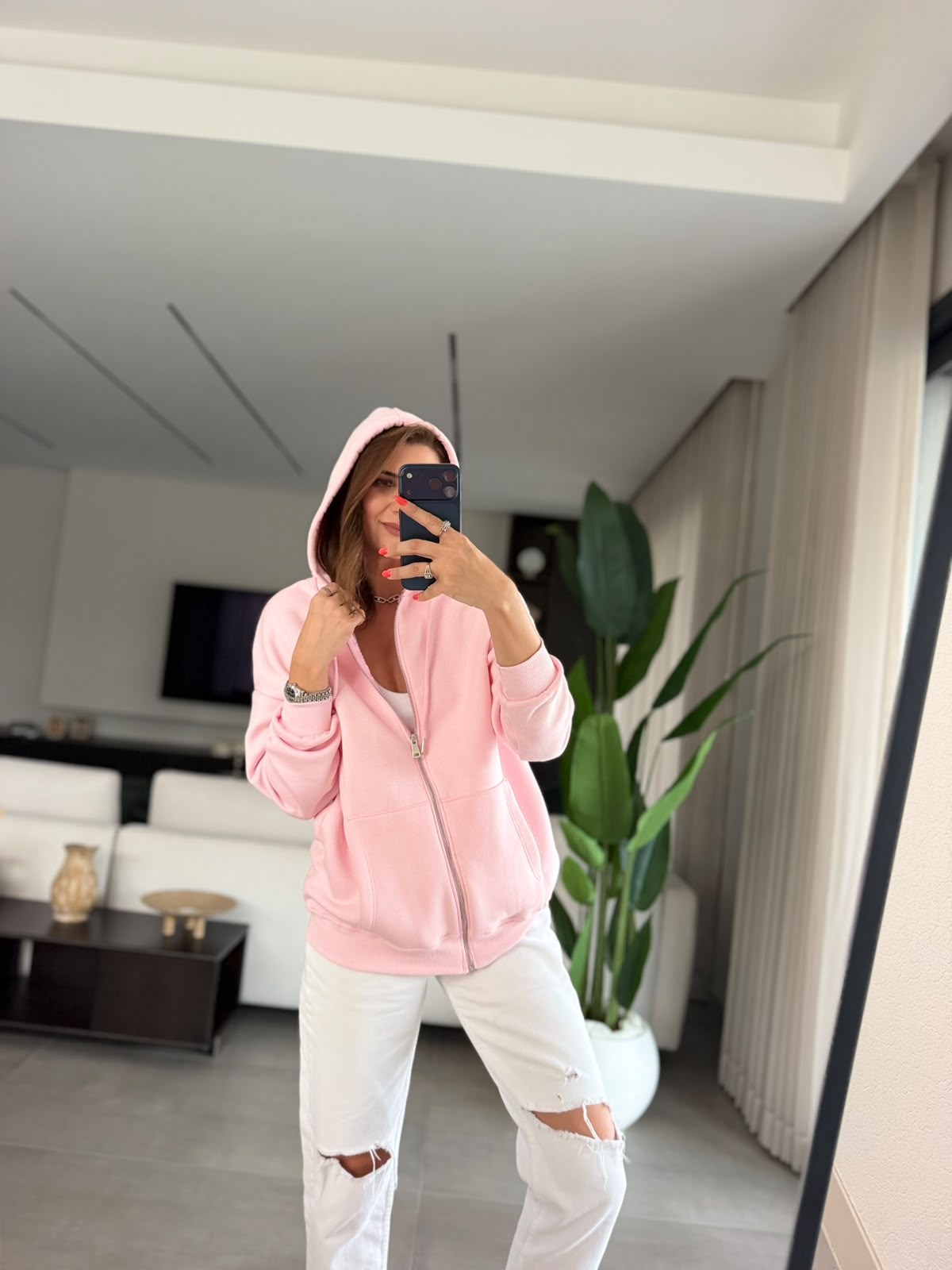 Pembe Üç İplik Kapşonlu Oversize Ceket