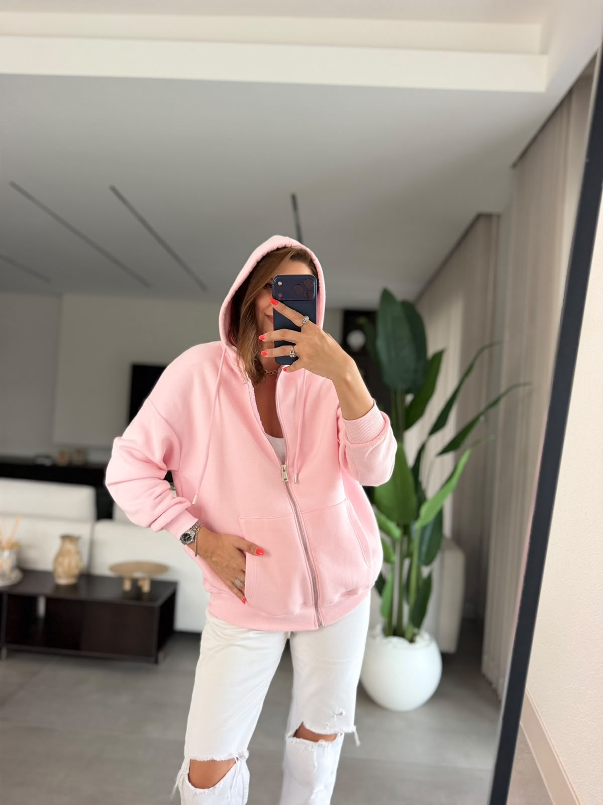 Pembe Üç İplik Kapşonlu Oversize Ceket