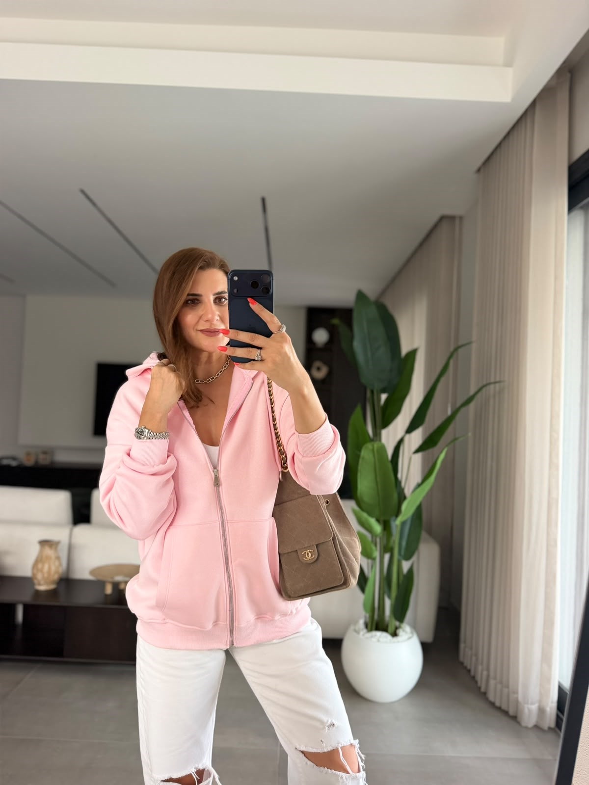 Pembe Üç İplik Kapşonlu Oversize Ceket