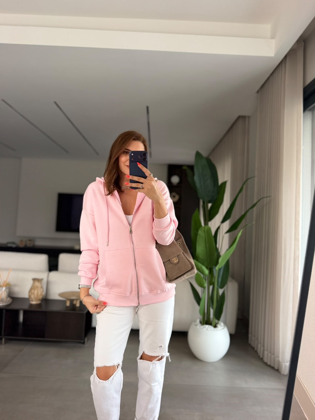 Pembe Üç İplik Kapşonlu Oversize Ceket