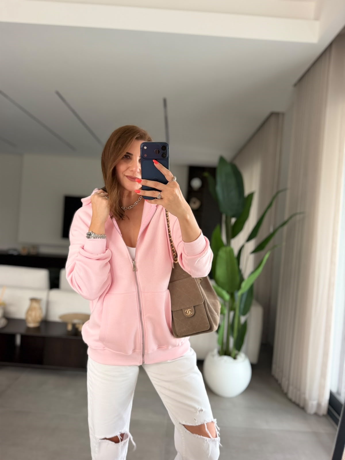 Pembe Üç İplik Kapşonlu Oversize Ceket