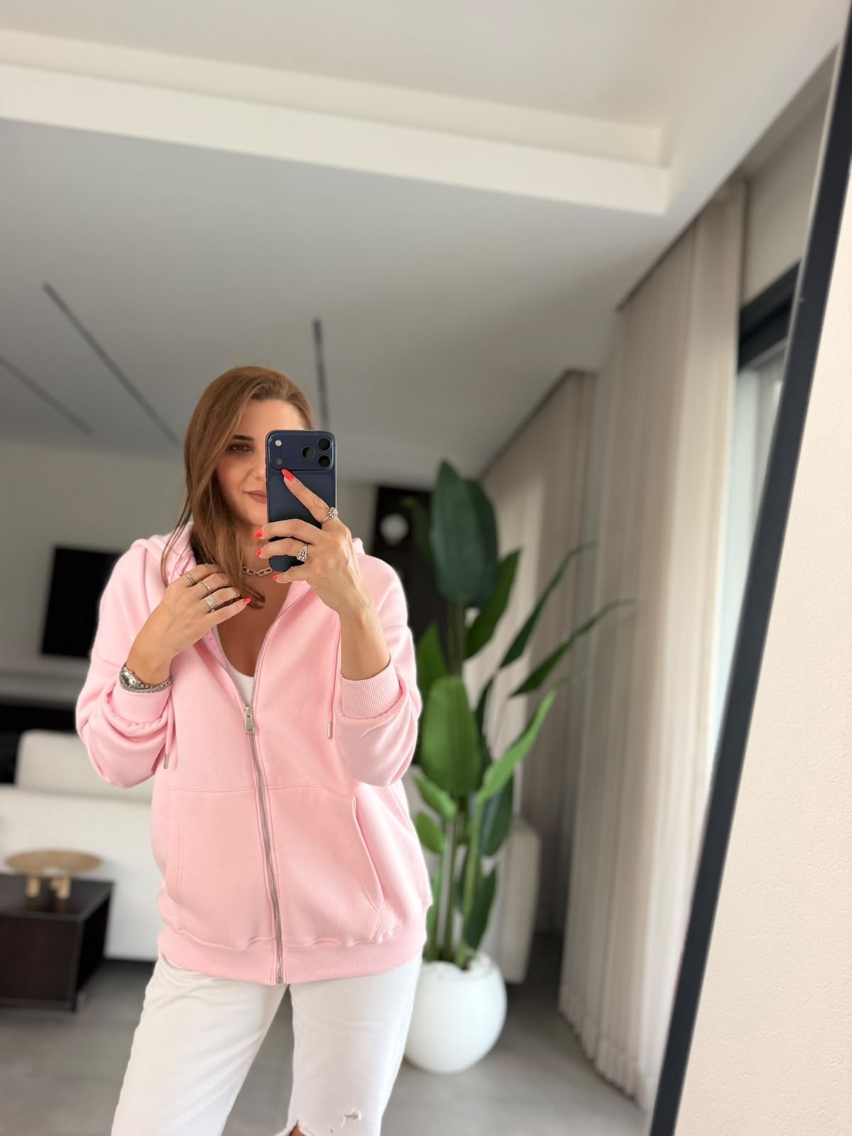 Pembe Üç İplik Kapşonlu Oversize Ceket
