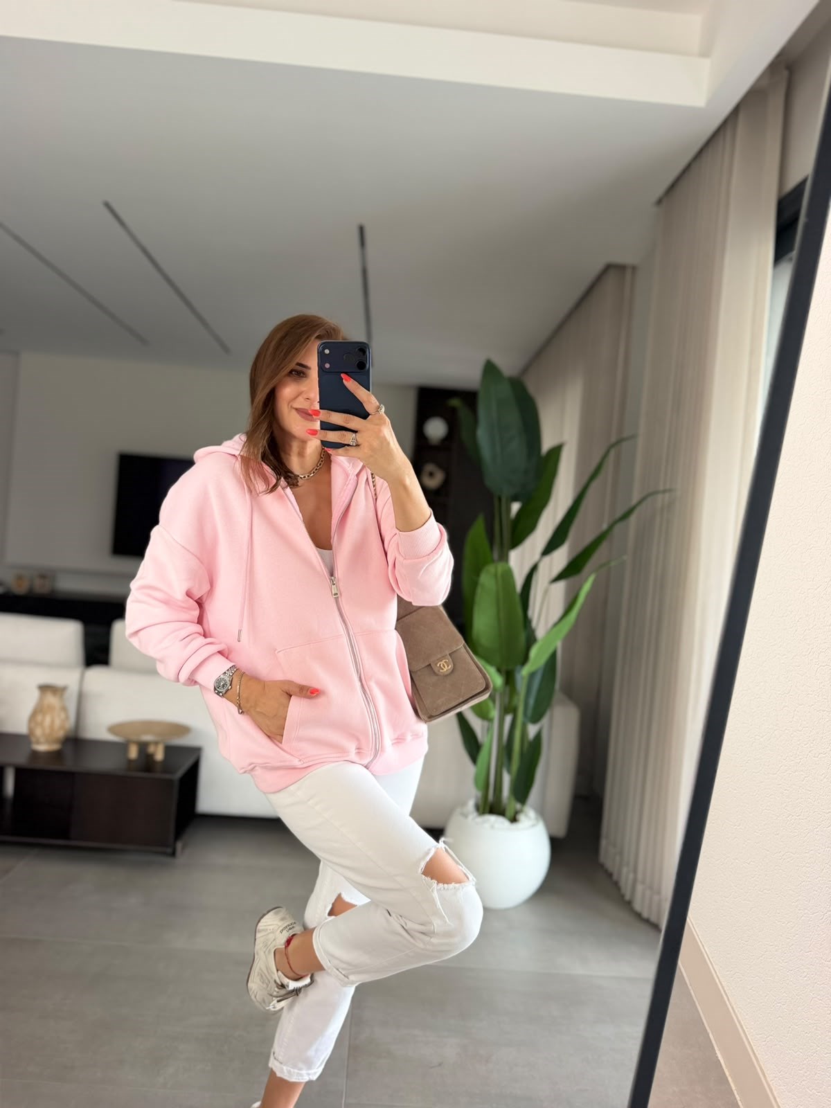 Pembe Üç İplik Kapşonlu Oversize Ceket