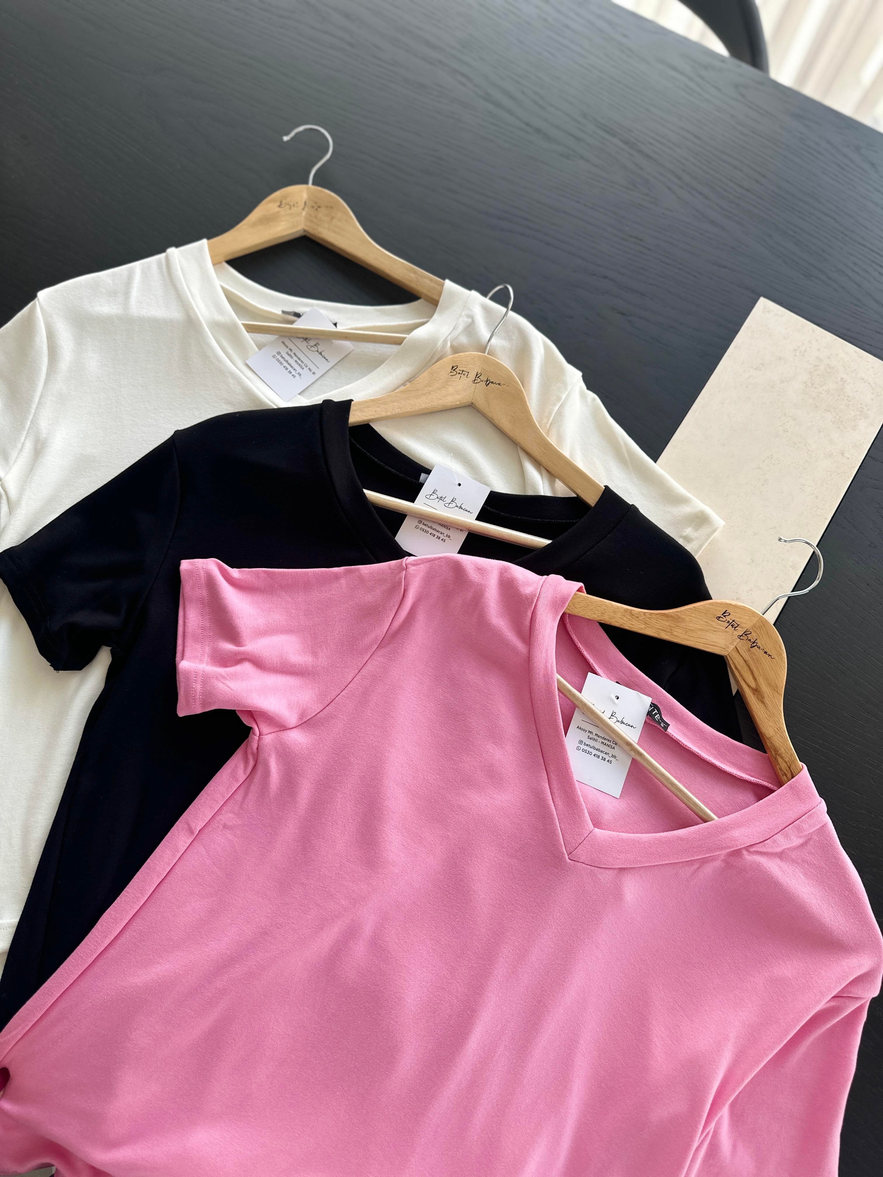Pembe V Yaka Basic T-shirt