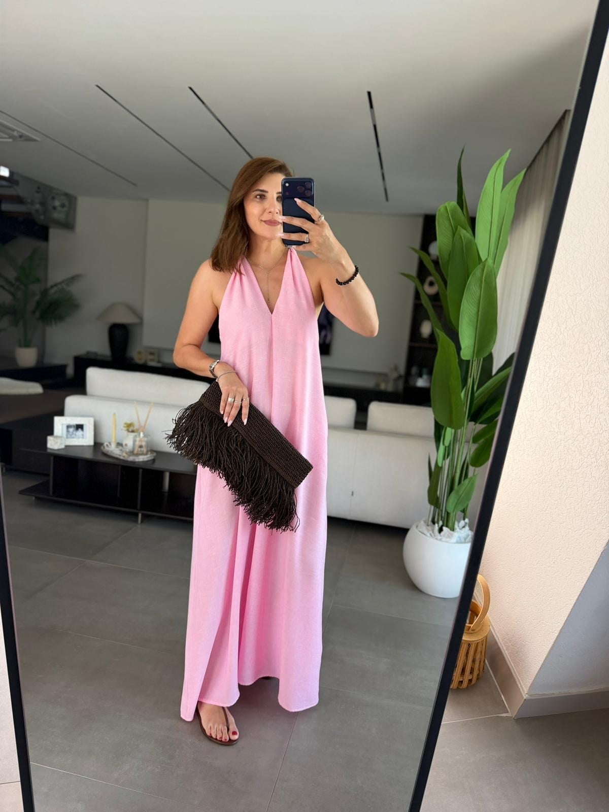 Pembe  V Yaka Keten Elbise