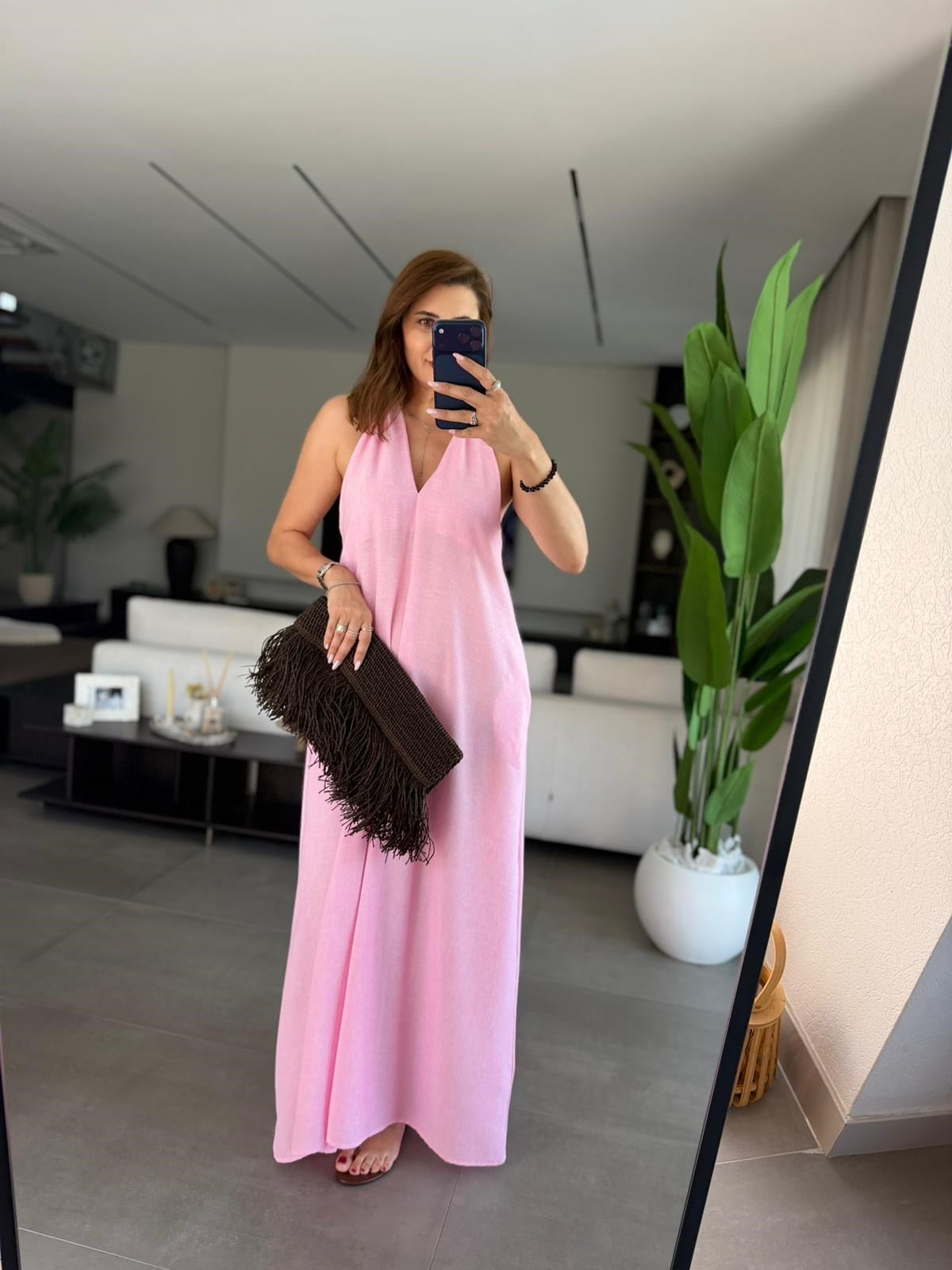 Pembe  V Yaka Keten Elbise