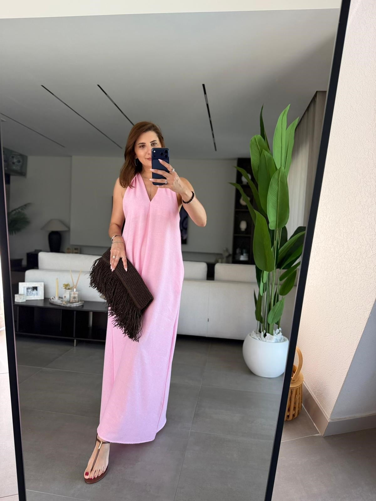Pembe  V Yaka Keten Elbise
