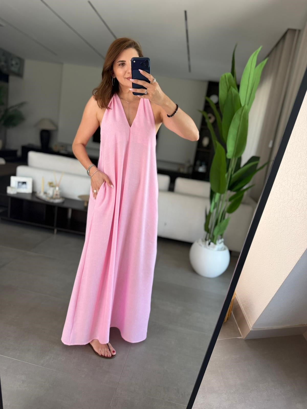 Pembe  V Yaka Keten Elbise