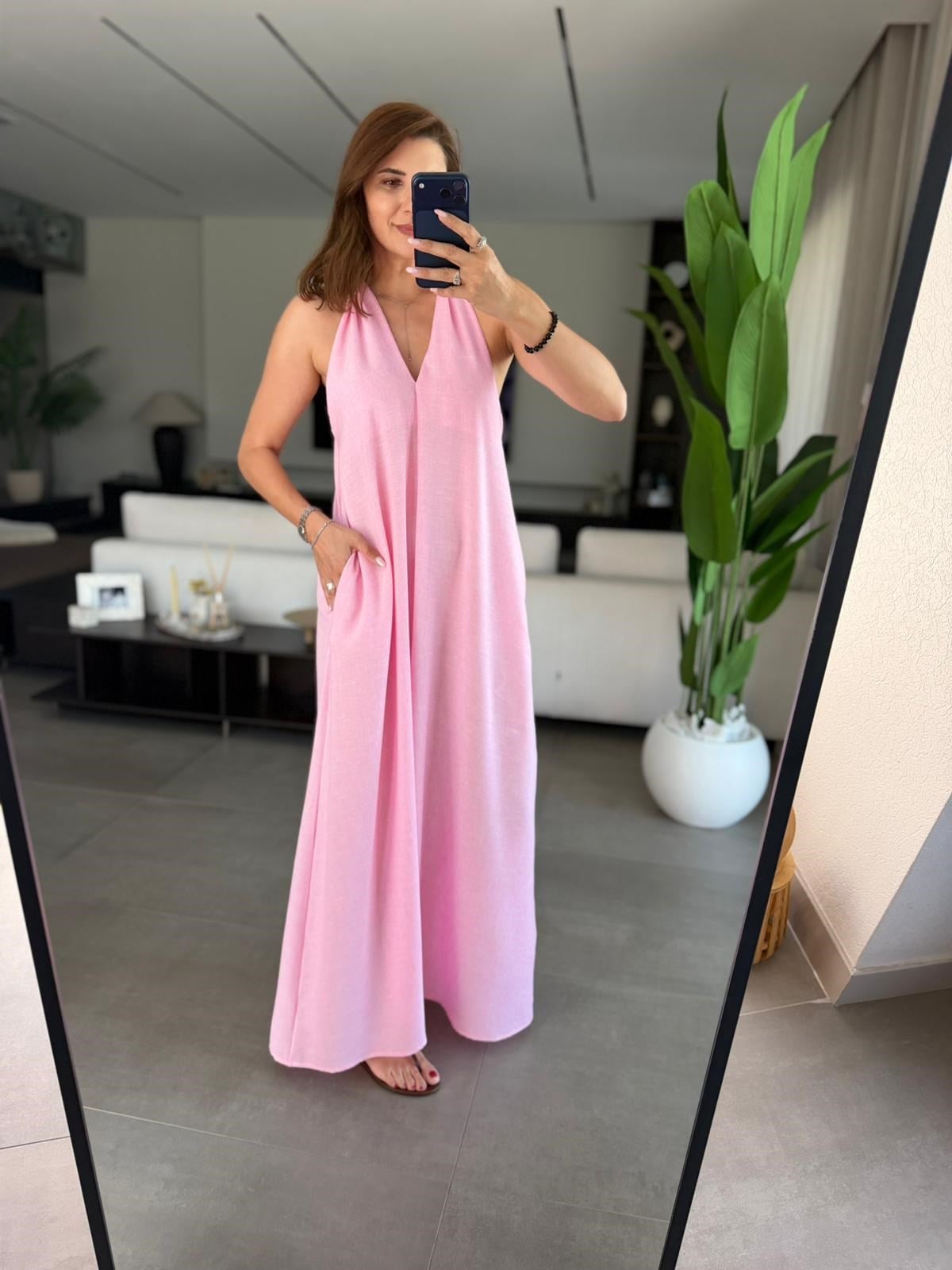 Pembe  V Yaka Keten Elbise