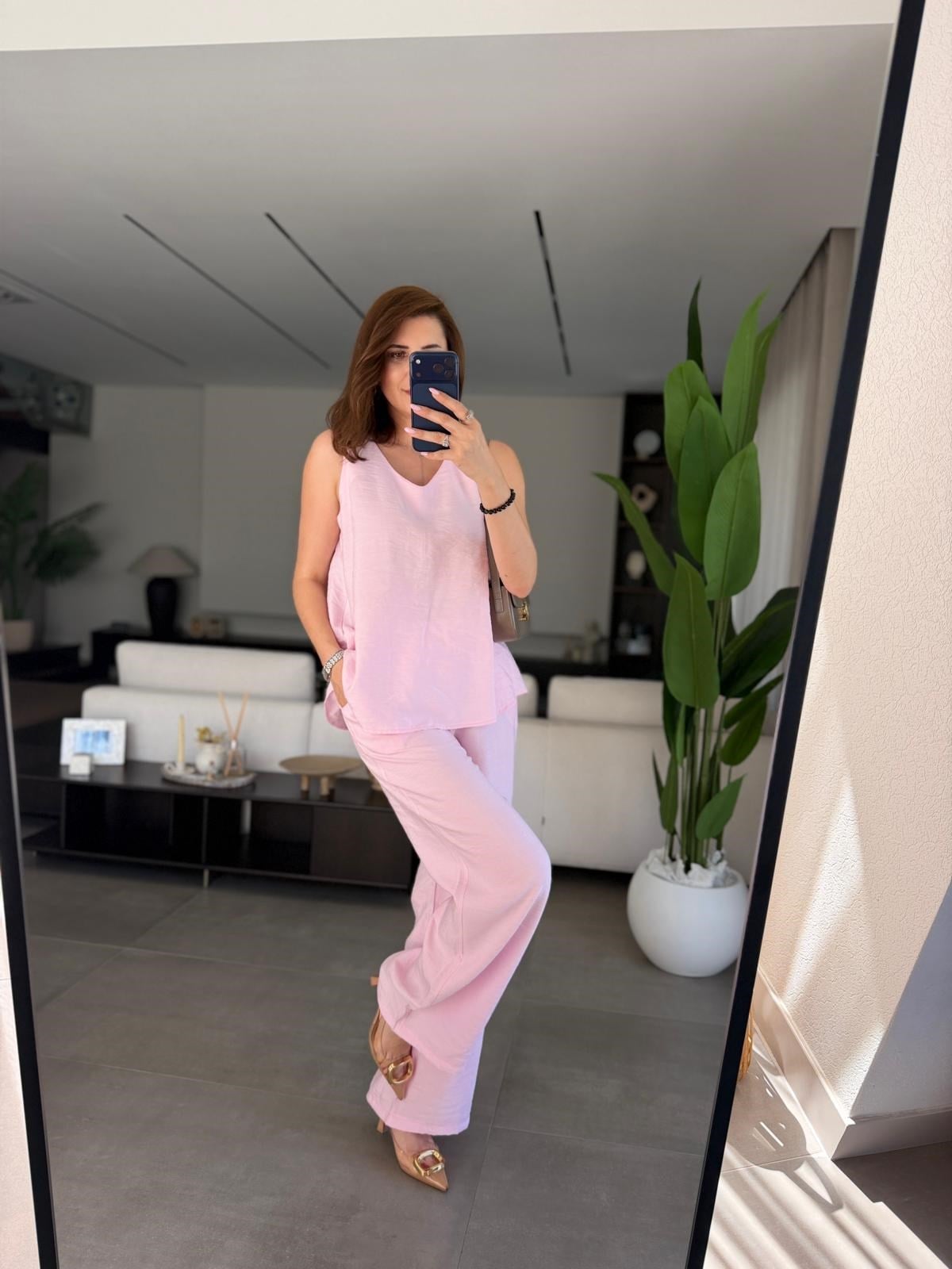 Pembe V Yaka Tencel Kolsuz Takım