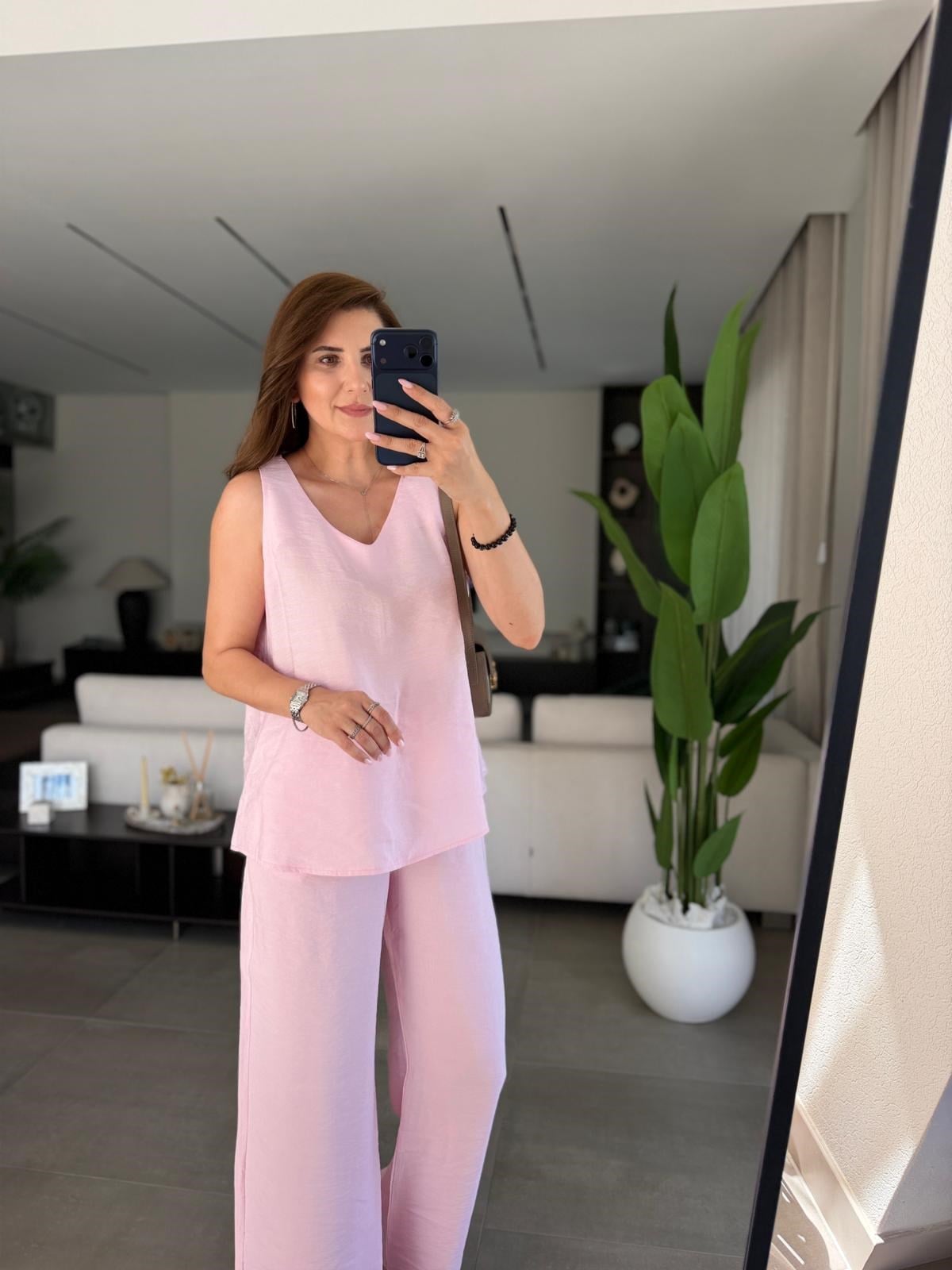 Pembe V Yaka Tencel Kolsuz Takım