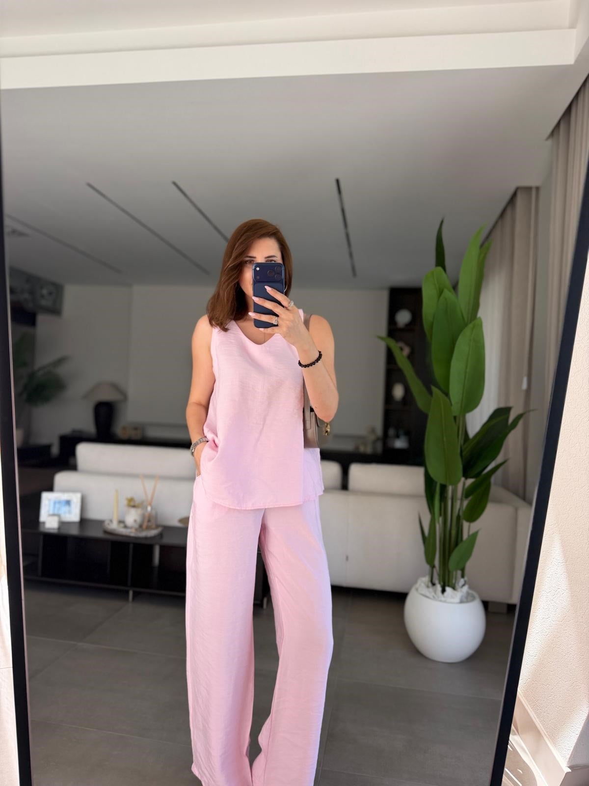 Pembe V Yaka Tencel Kolsuz Takım