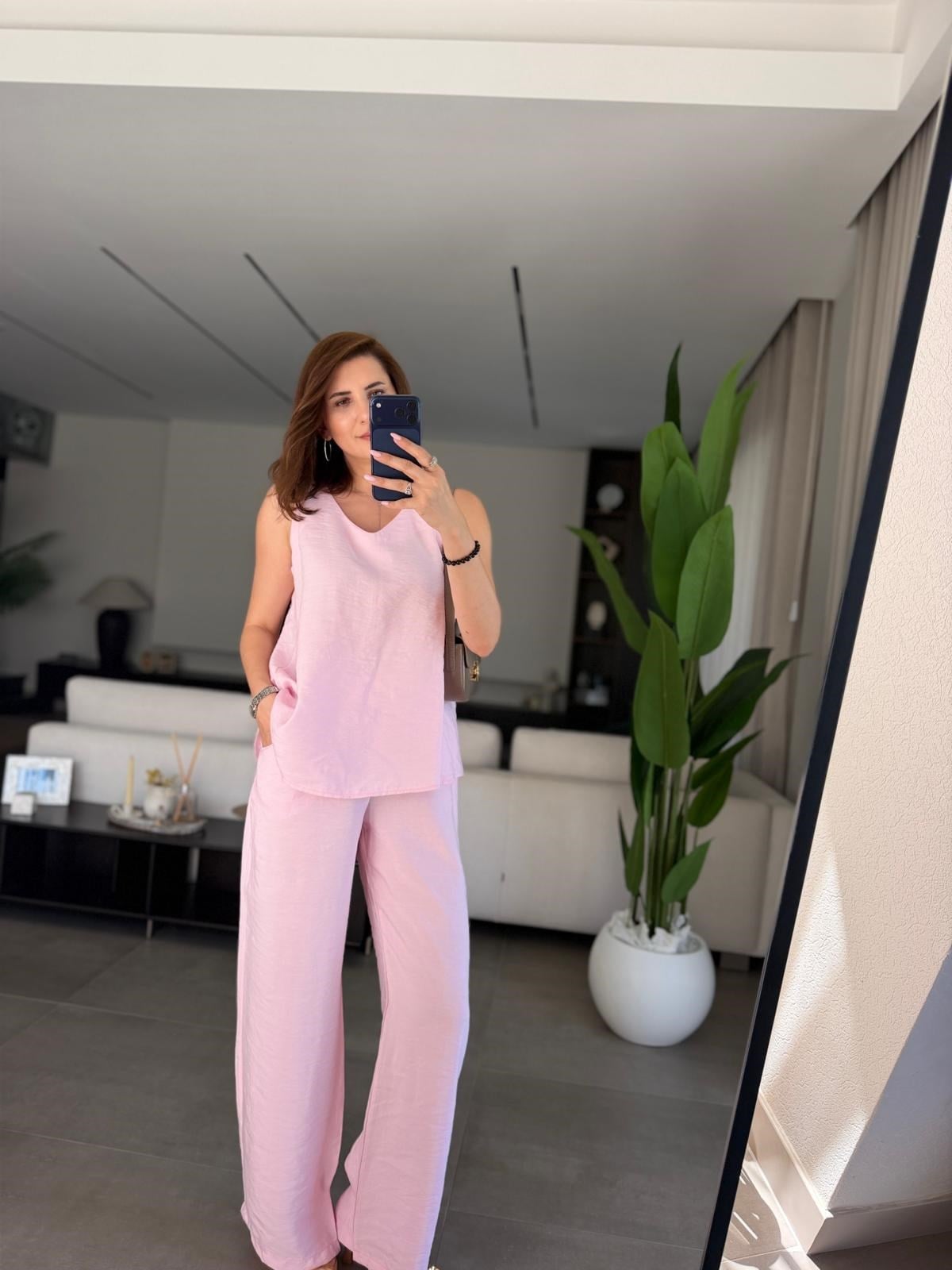 Pembe V Yaka Tencel Kolsuz Takım