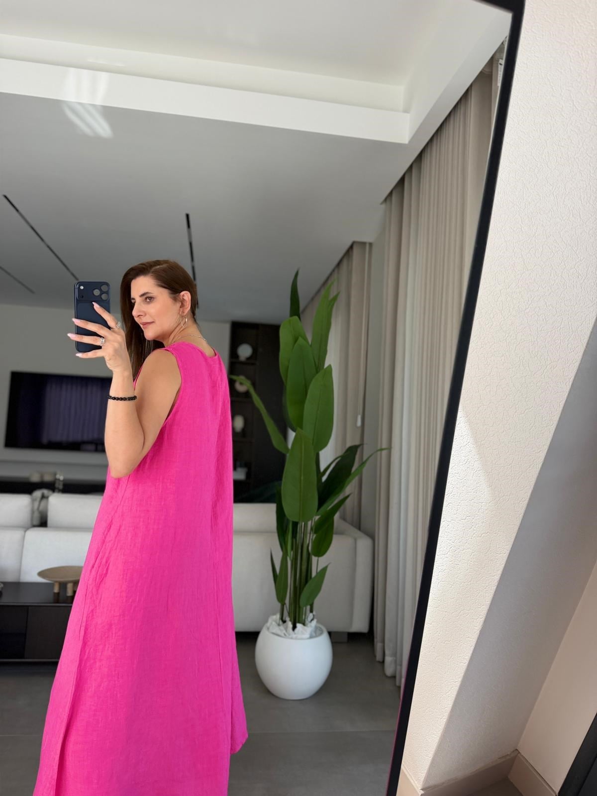 Pembe Yaka Motifli Atlas Elbise