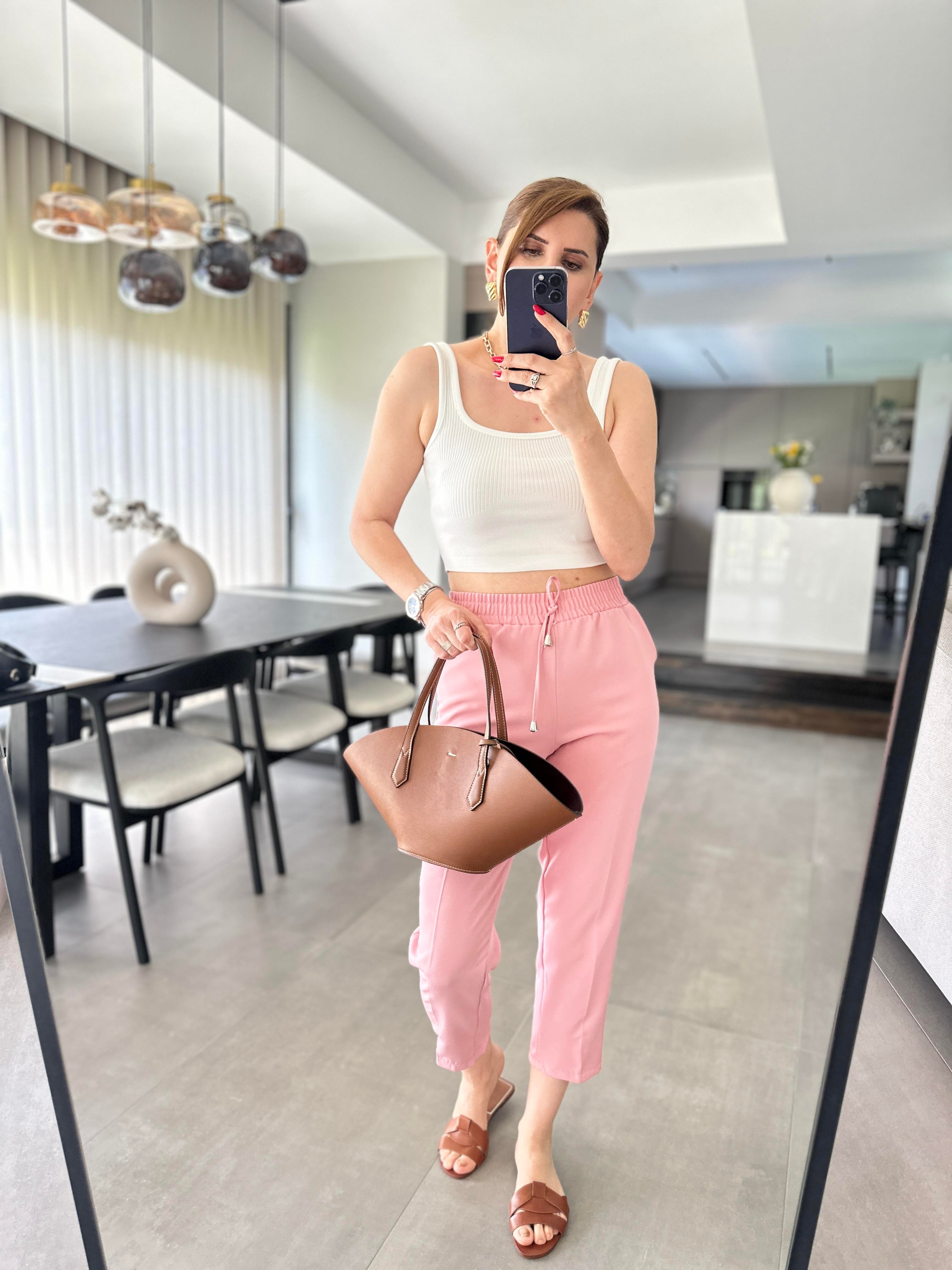 Pembe Yan Cepli Bel Lastikli Pantolon