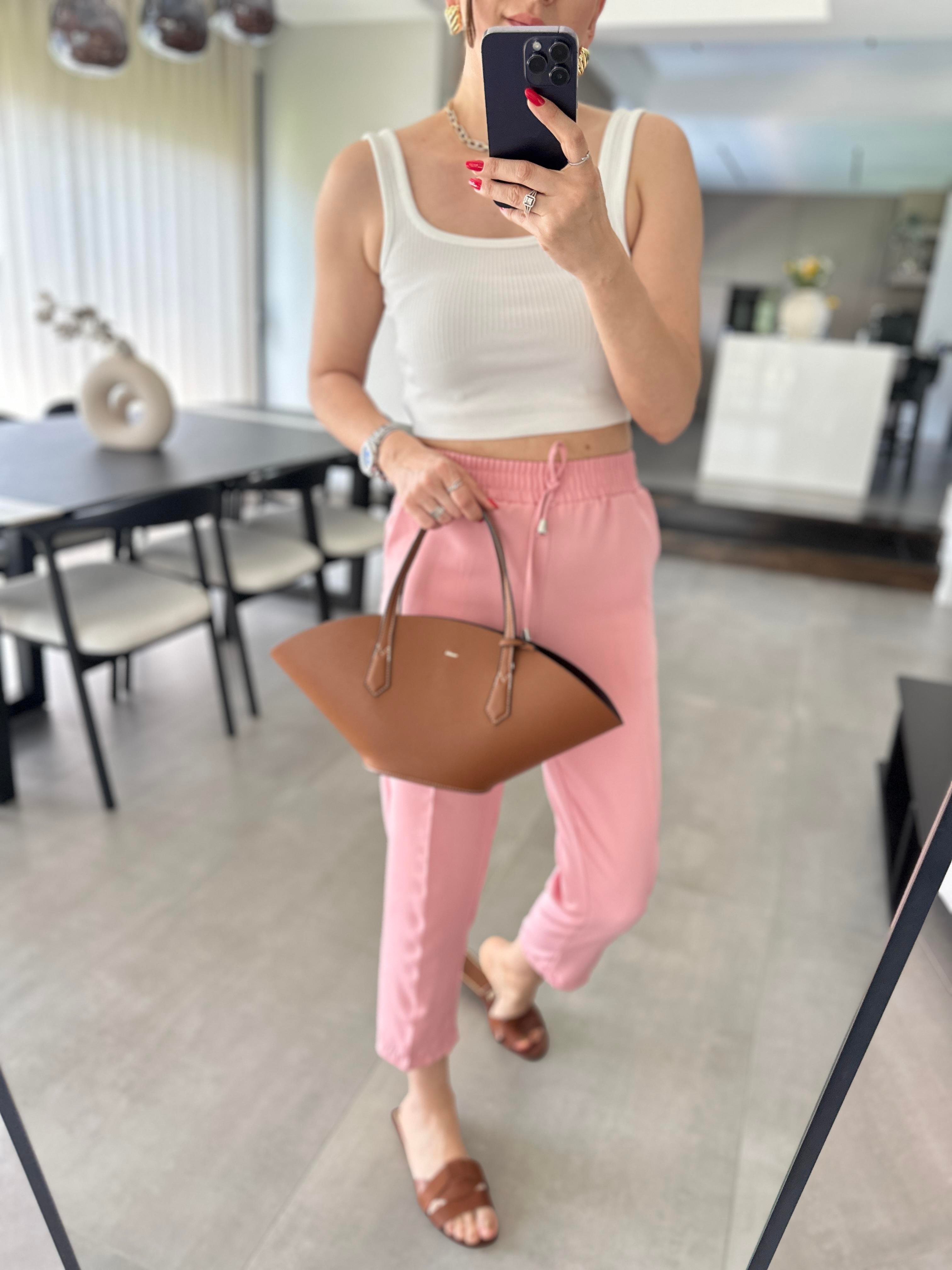 Pembe Yan Cepli Bel Lastikli Pantolon