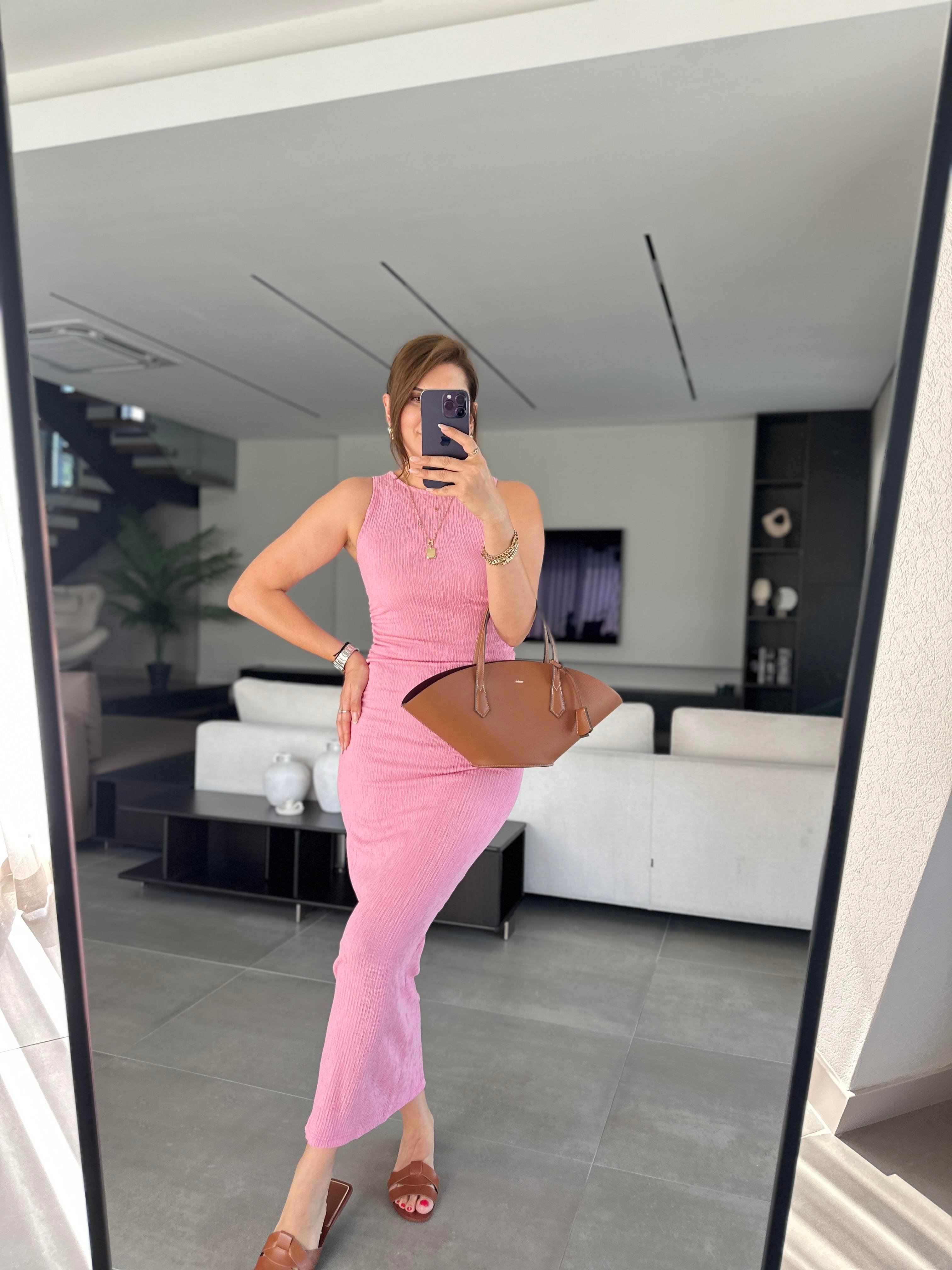 Pembe Yanı Lastik Büzgülü Elbise