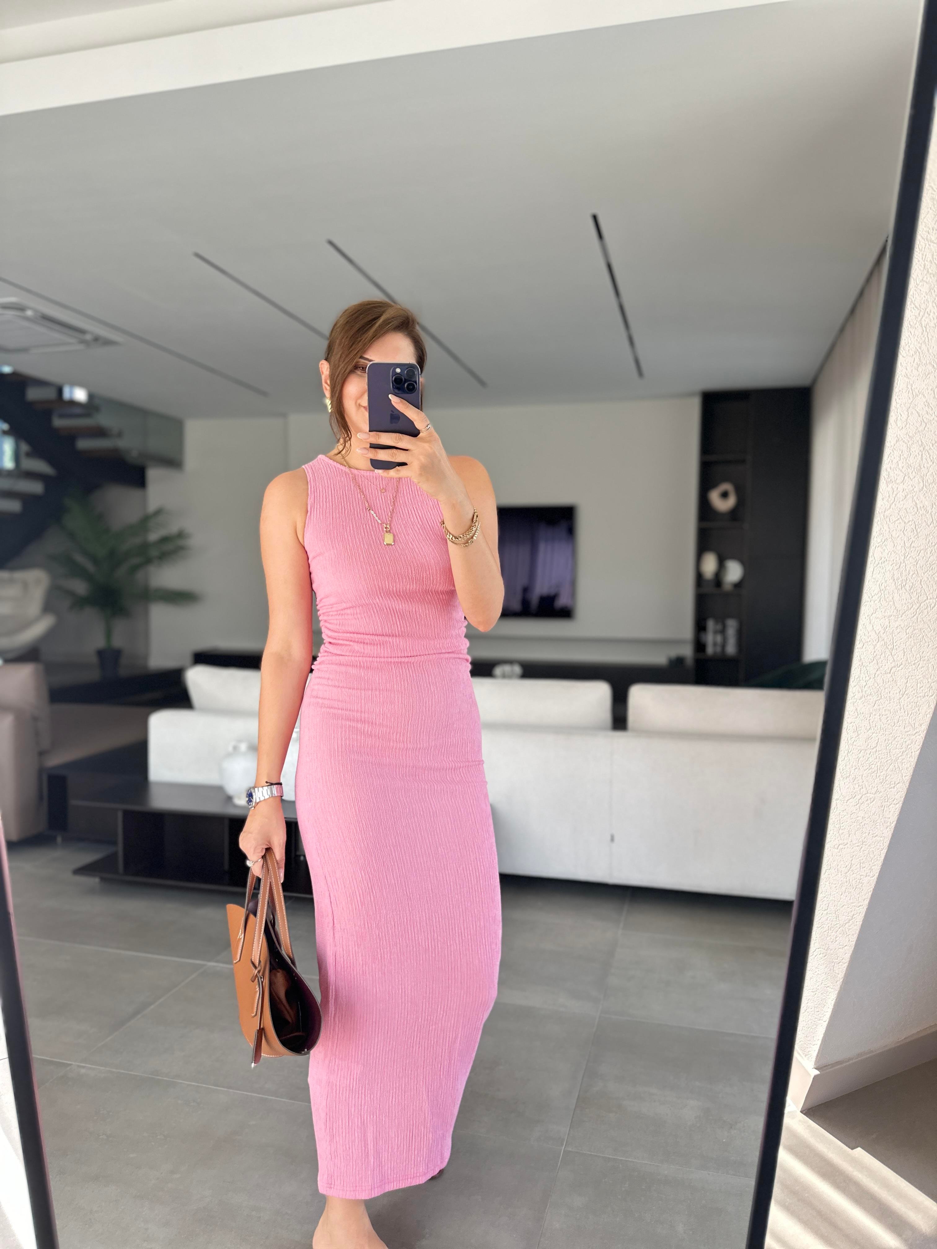 Pembe Yanı Lastik Büzgülü Elbise