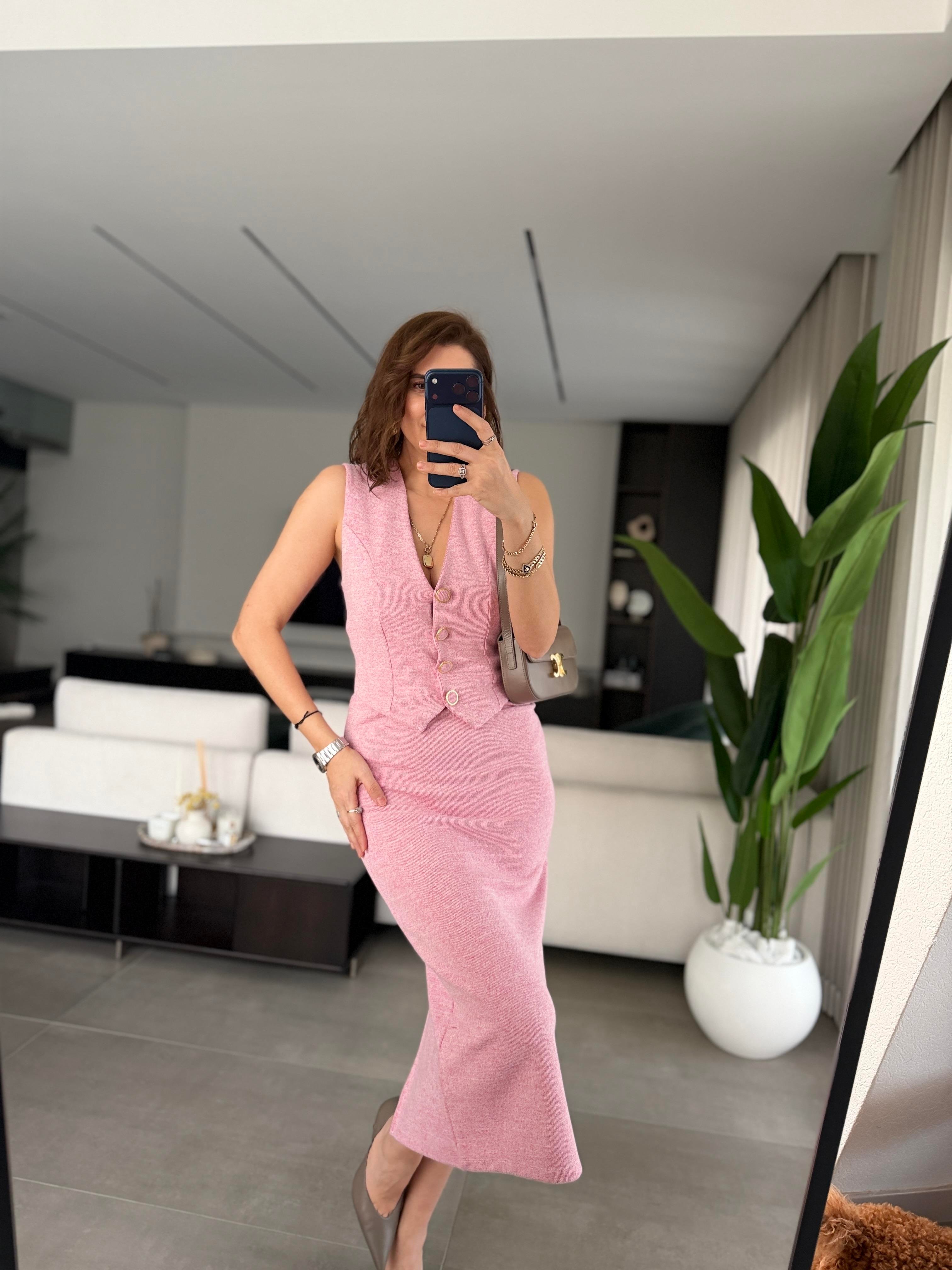 Pembe Yelek Görünümlü Selanik Elbise