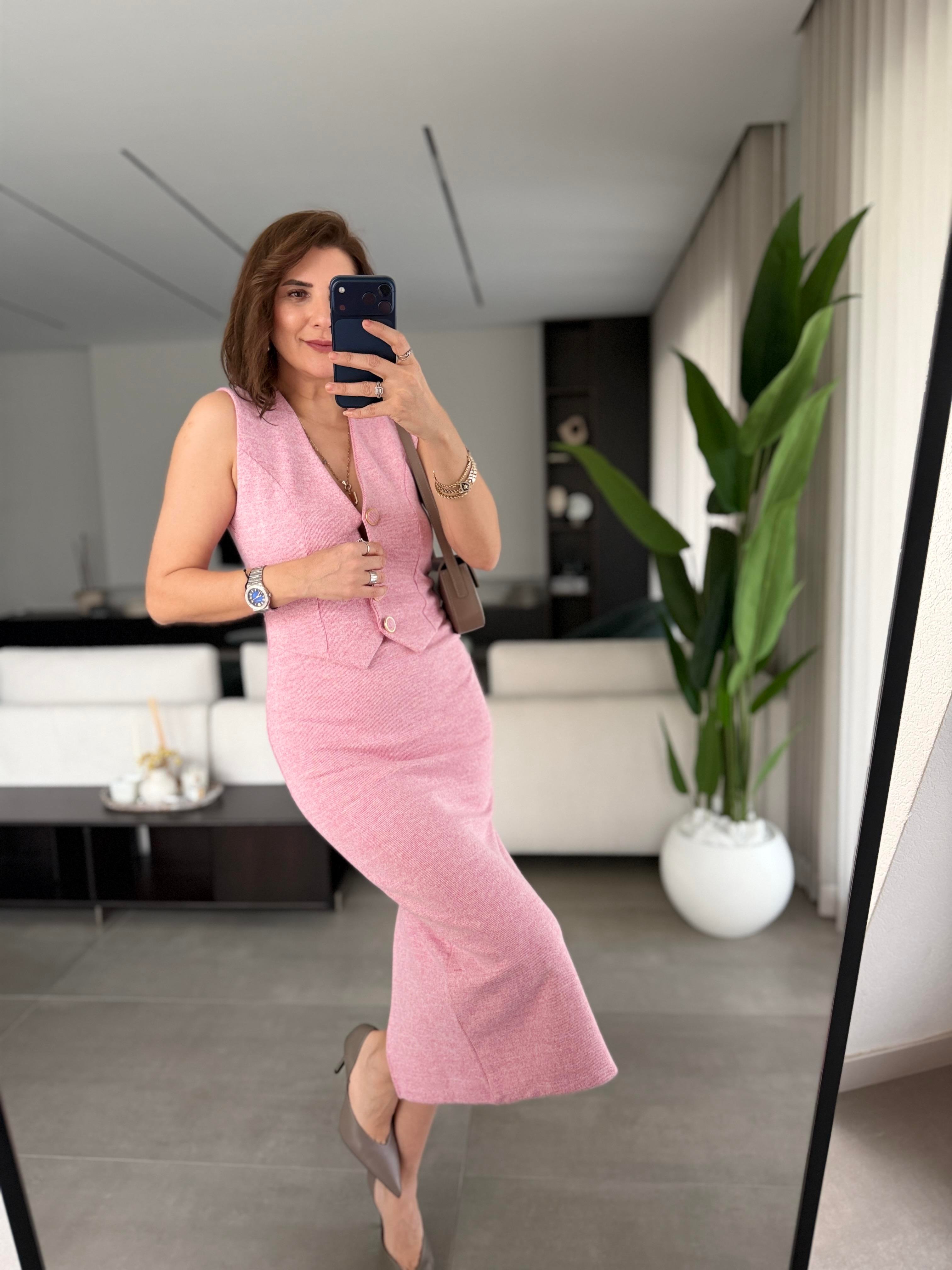 Pembe Yelek Görünümlü Selanik Elbise