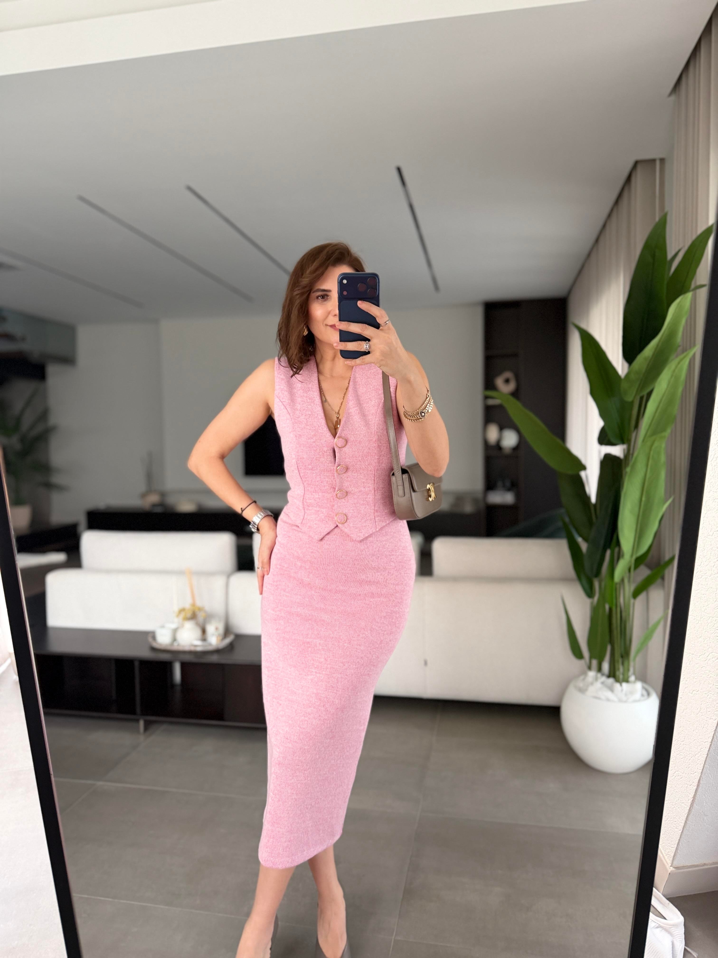Pembe Yelek Görünümlü Selanik Elbise