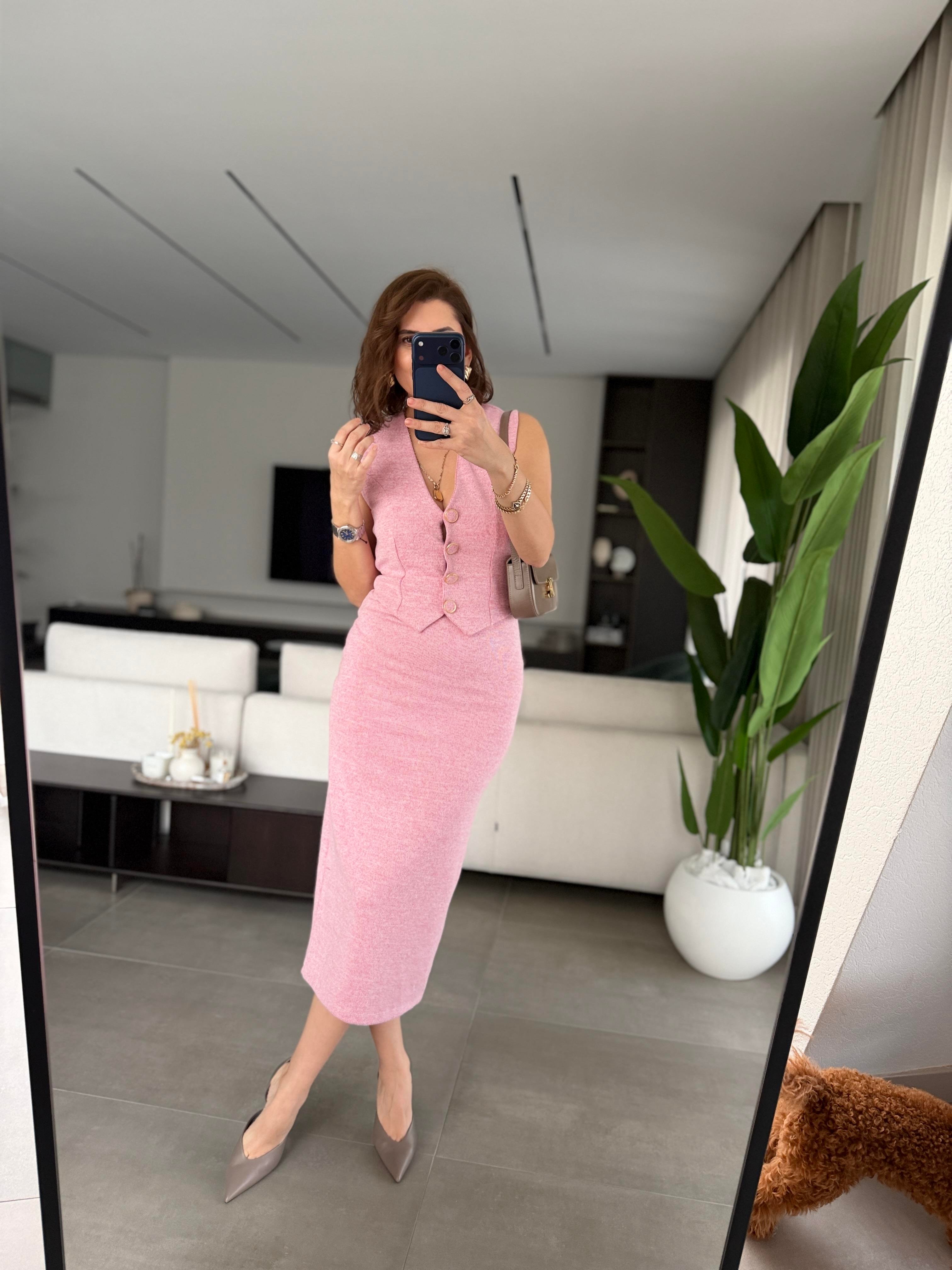 Pembe Yelek Görünümlü Selanik Elbise