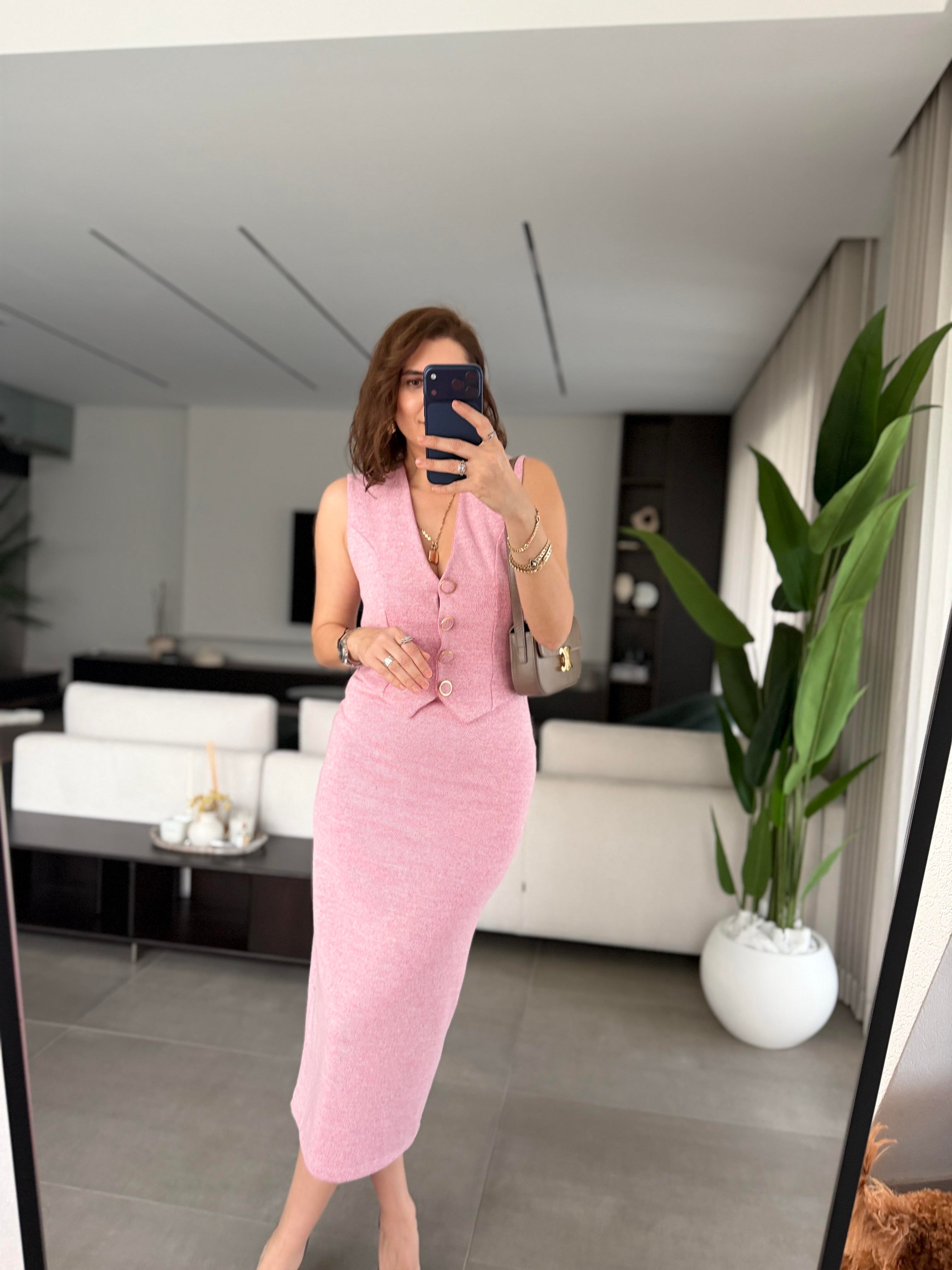 Pembe Yelek Görünümlü Selanik Elbise