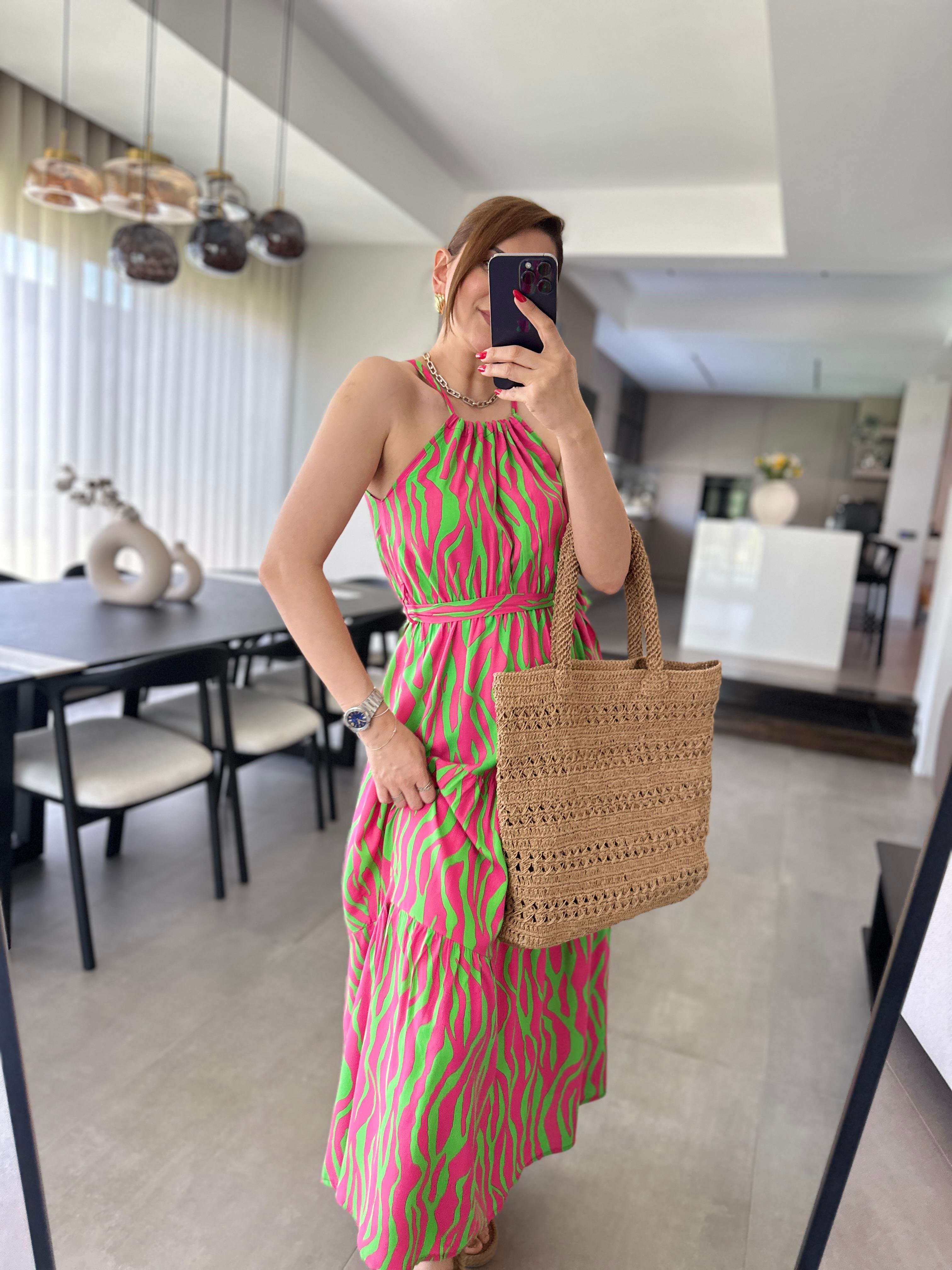 Pembe Zebra Desenli Boyundan Bağlamalı Elbise