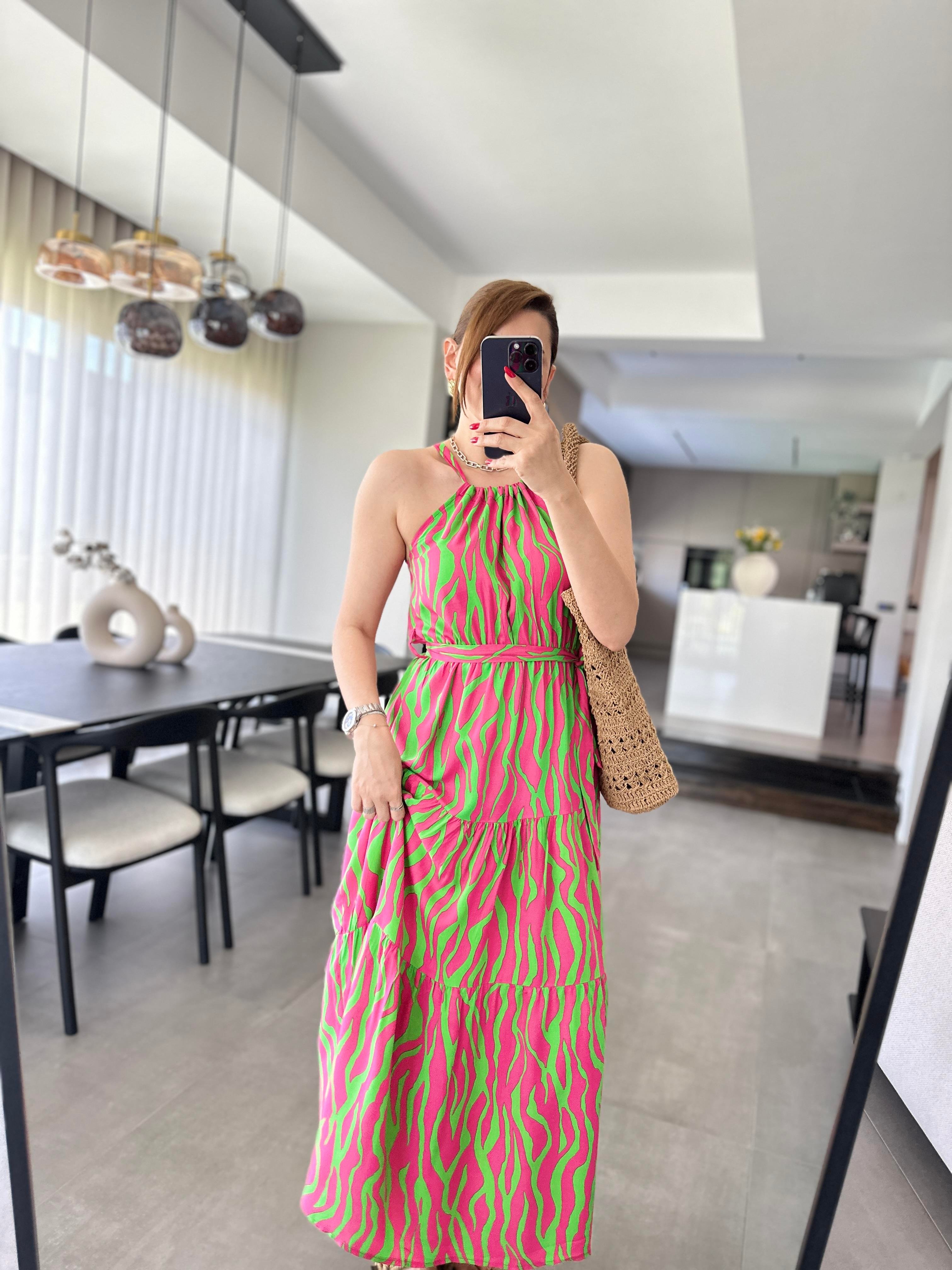 Pembe Zebra Desenli Boyundan Bağlamalı Elbise