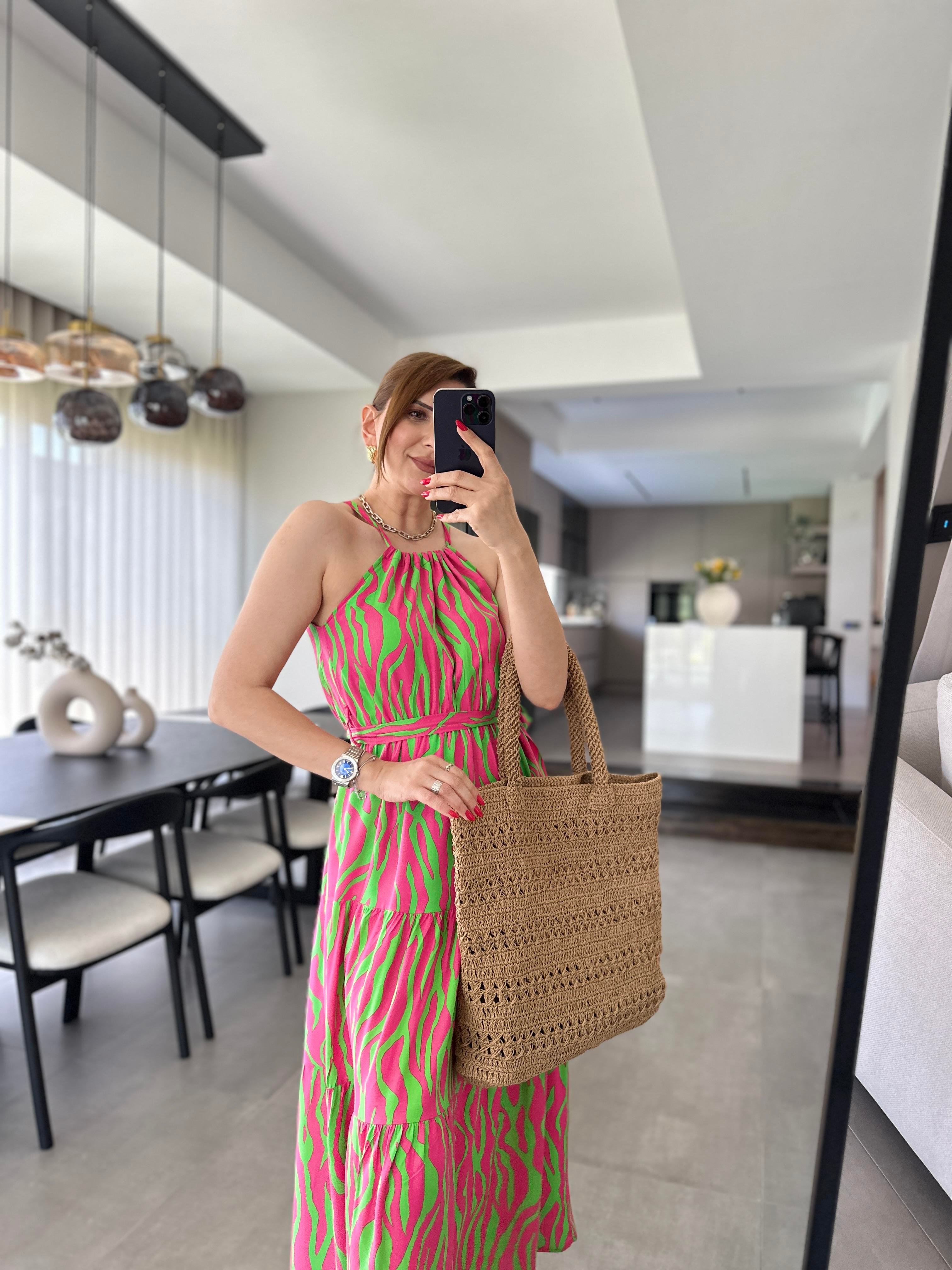 Pembe Zebra Desenli Boyundan Bağlamalı Elbise