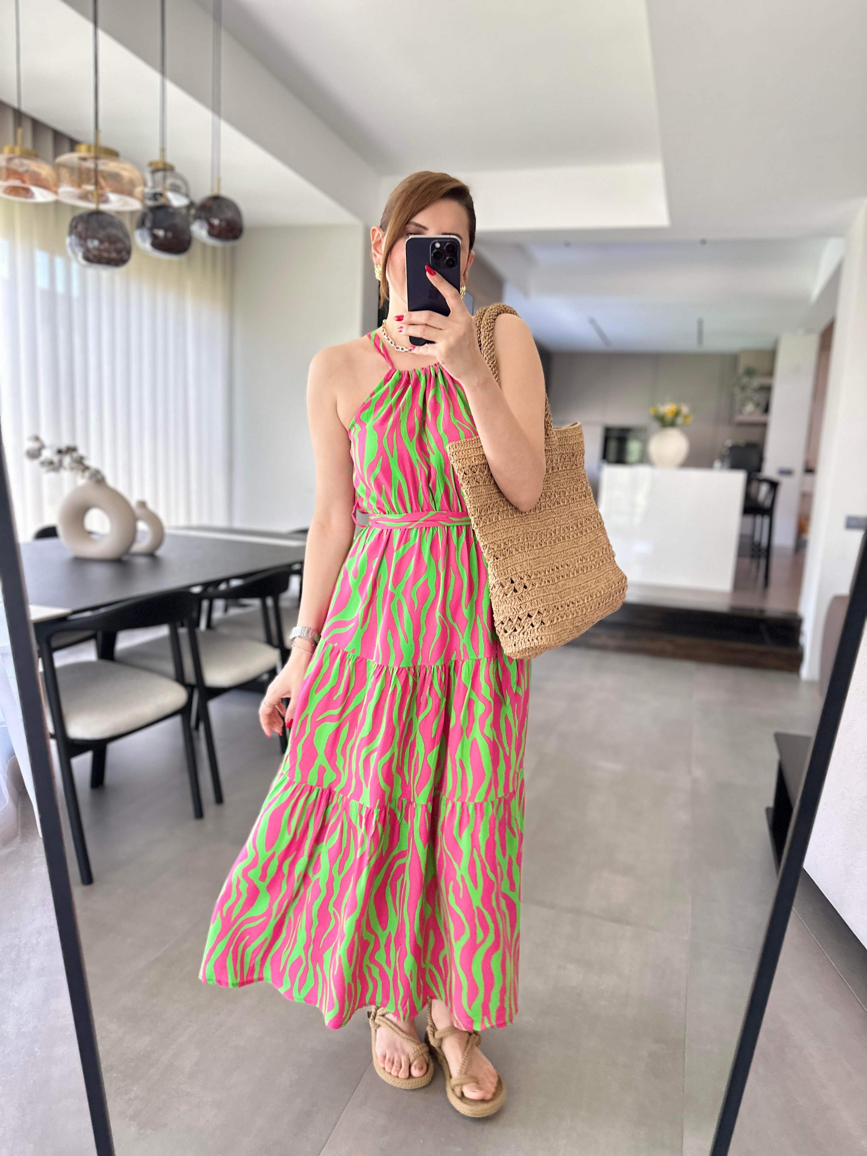 Pembe Zebra Desenli Boyundan Bağlamalı Elbise