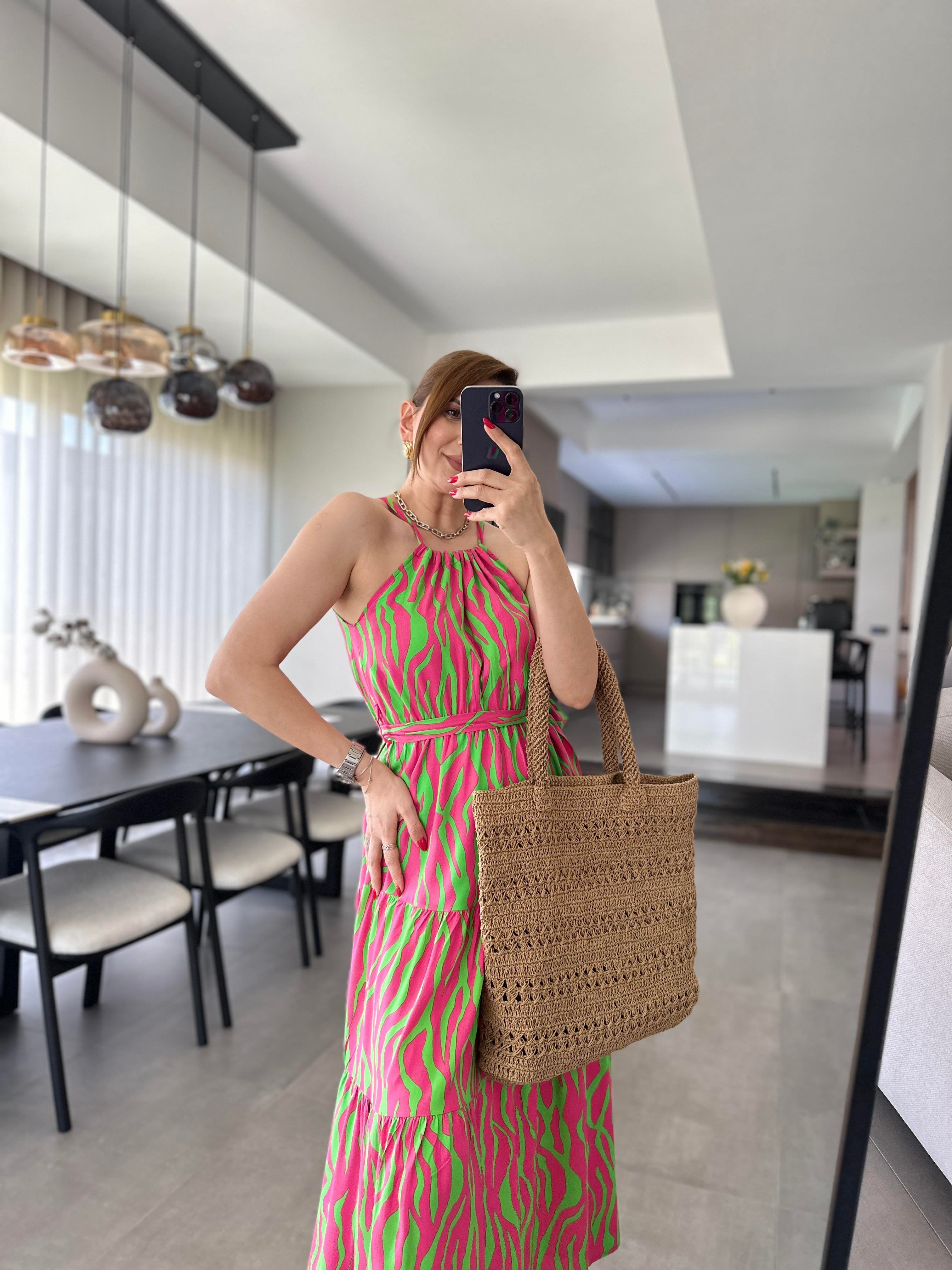 Pembe Zebra Desenli Boyundan Bağlamalı Elbise
