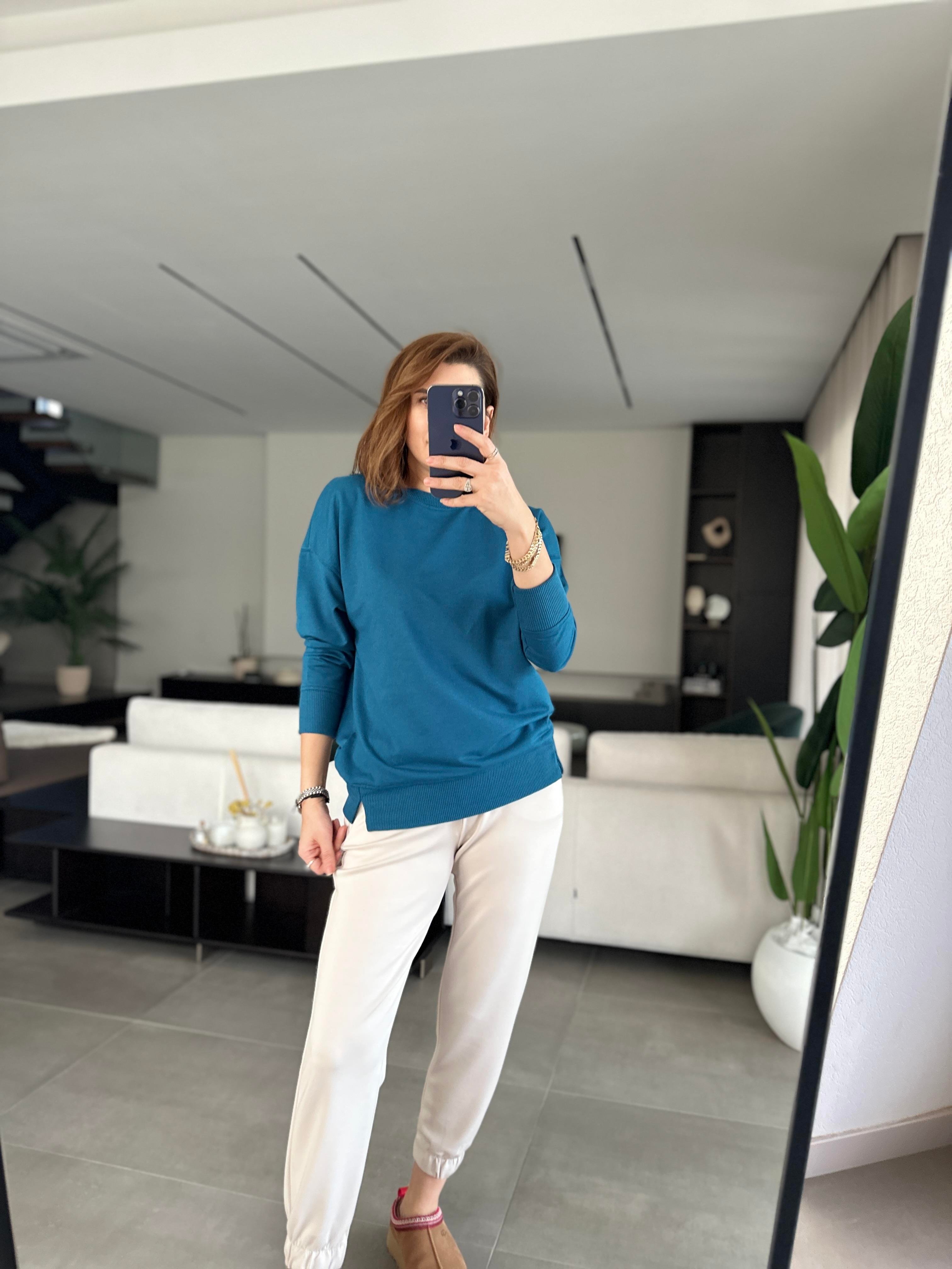 Petrol Basic Bisiklet Yaka Sweat