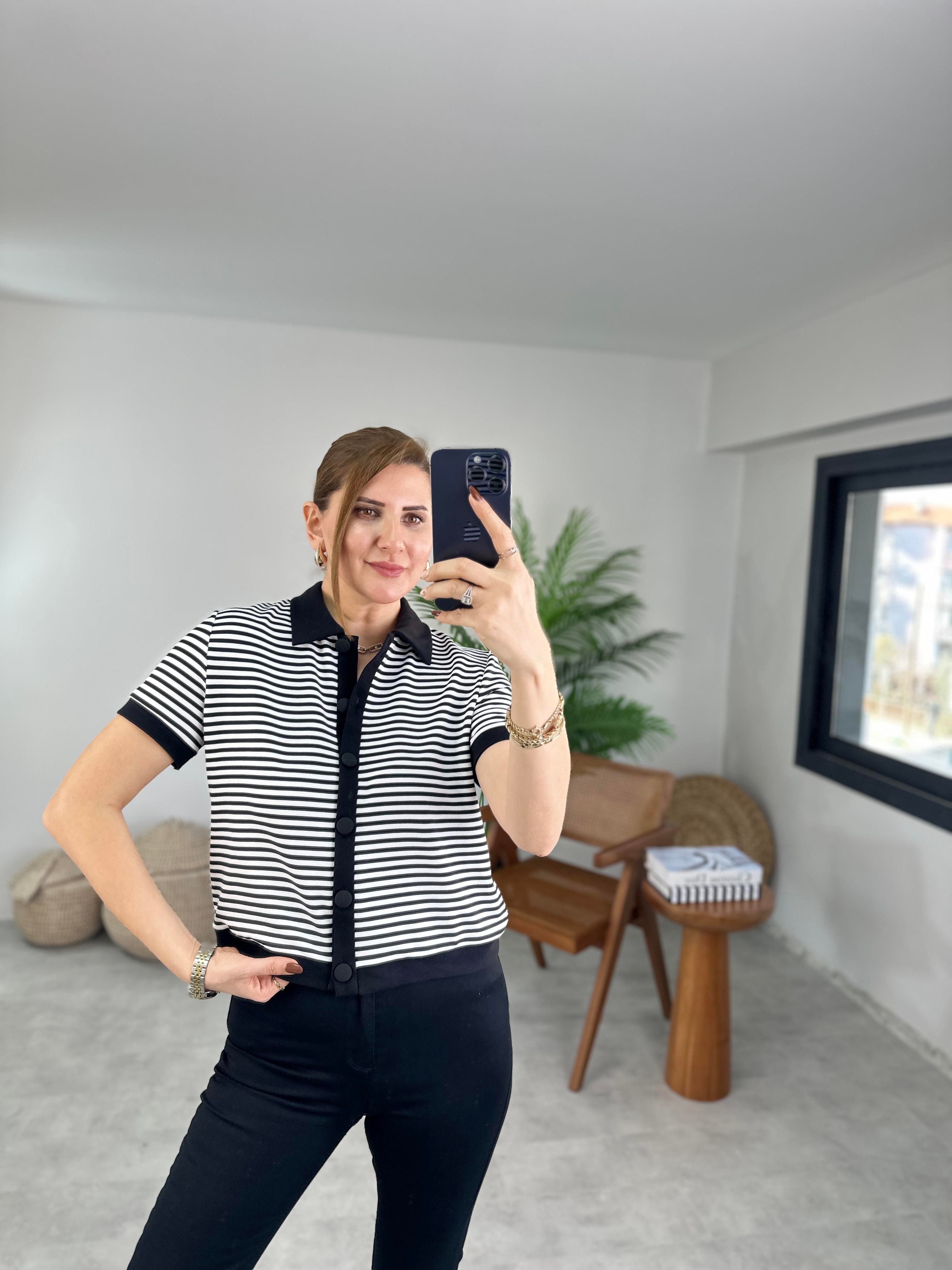 Polo Yaka Çizgili Sweat
