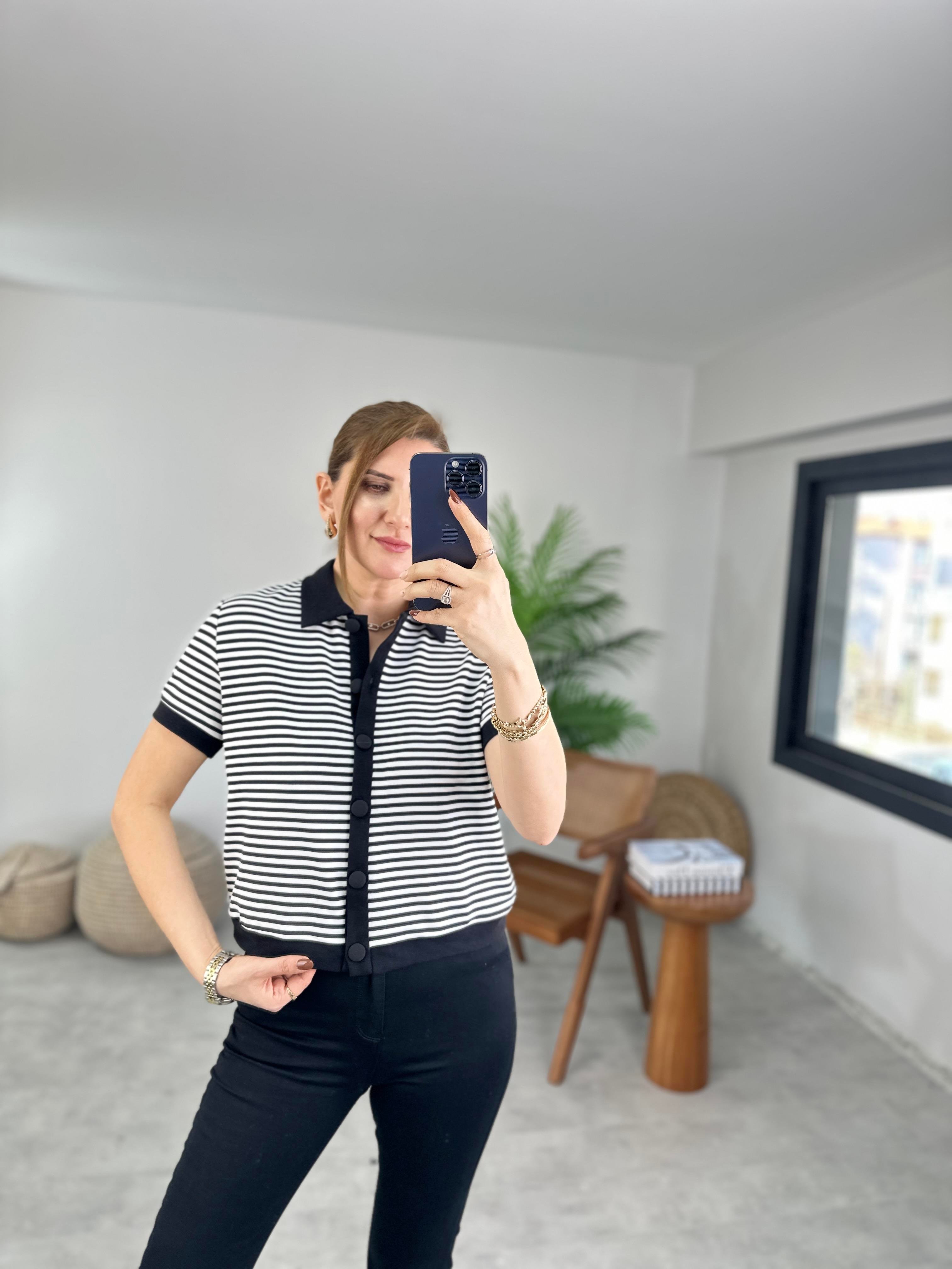 Polo Yaka Çizgili Sweat