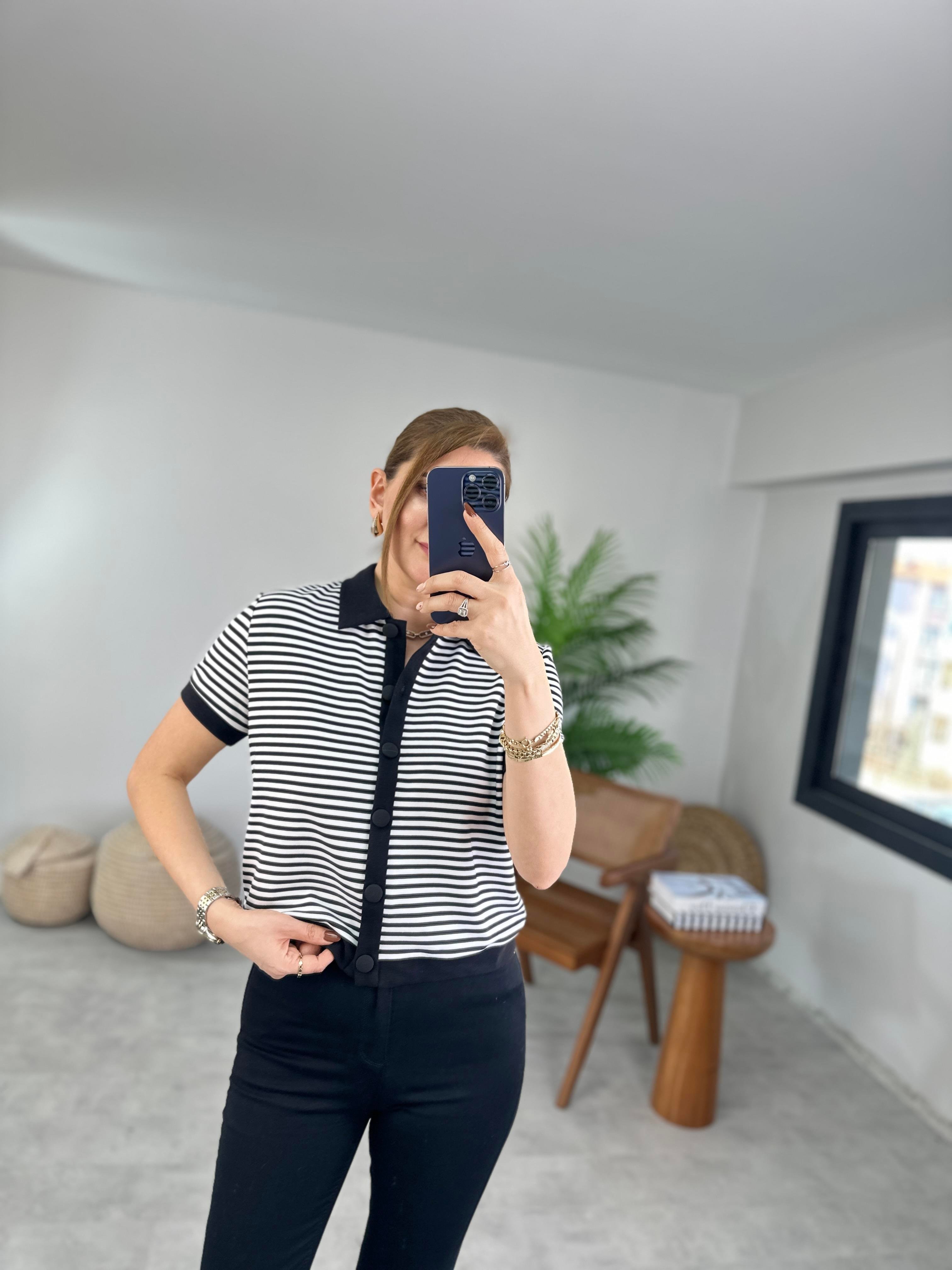 Polo Yaka Çizgili Sweat