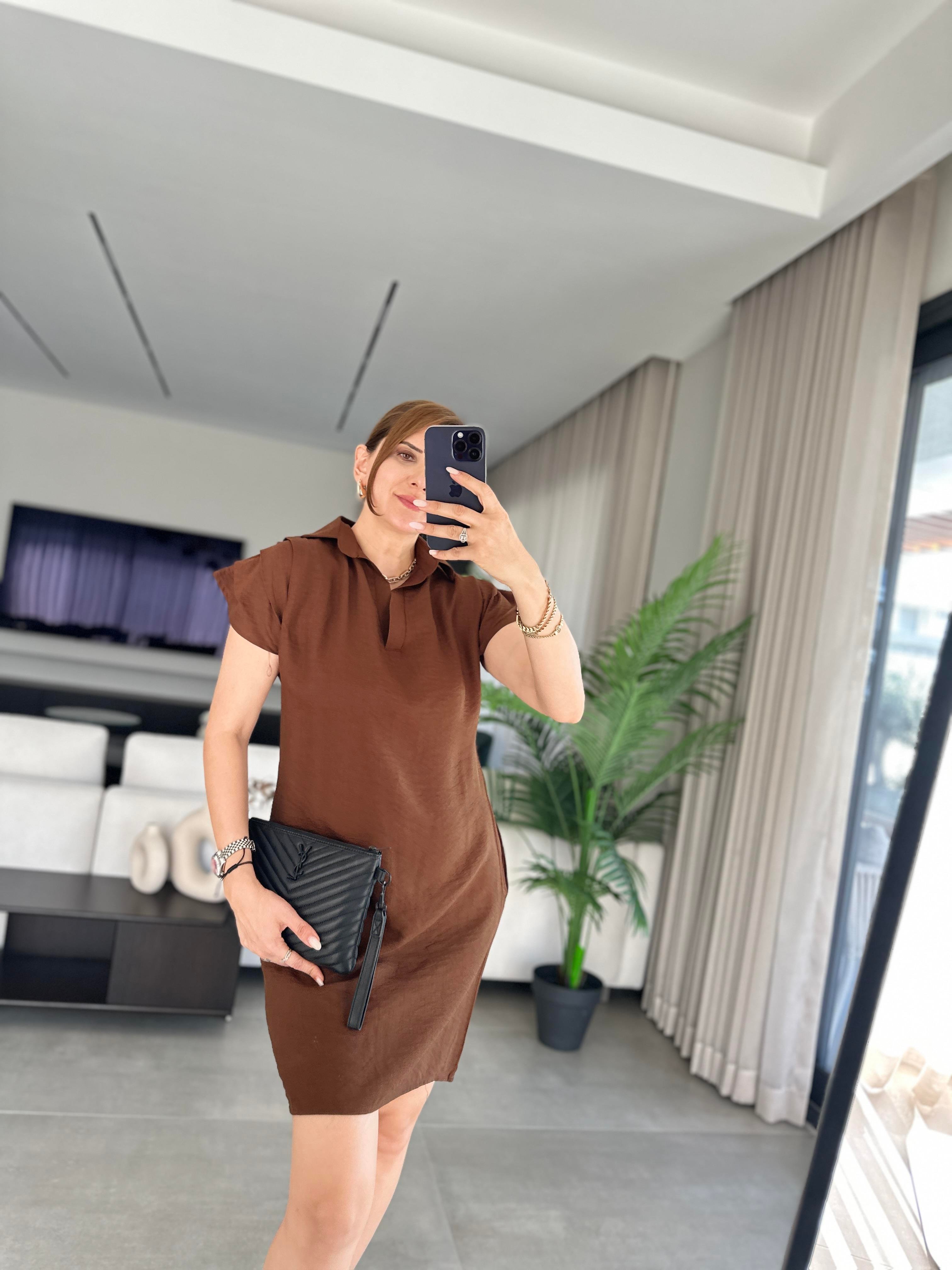 Polo Yaka Omuz Drapeli Keten Elbise