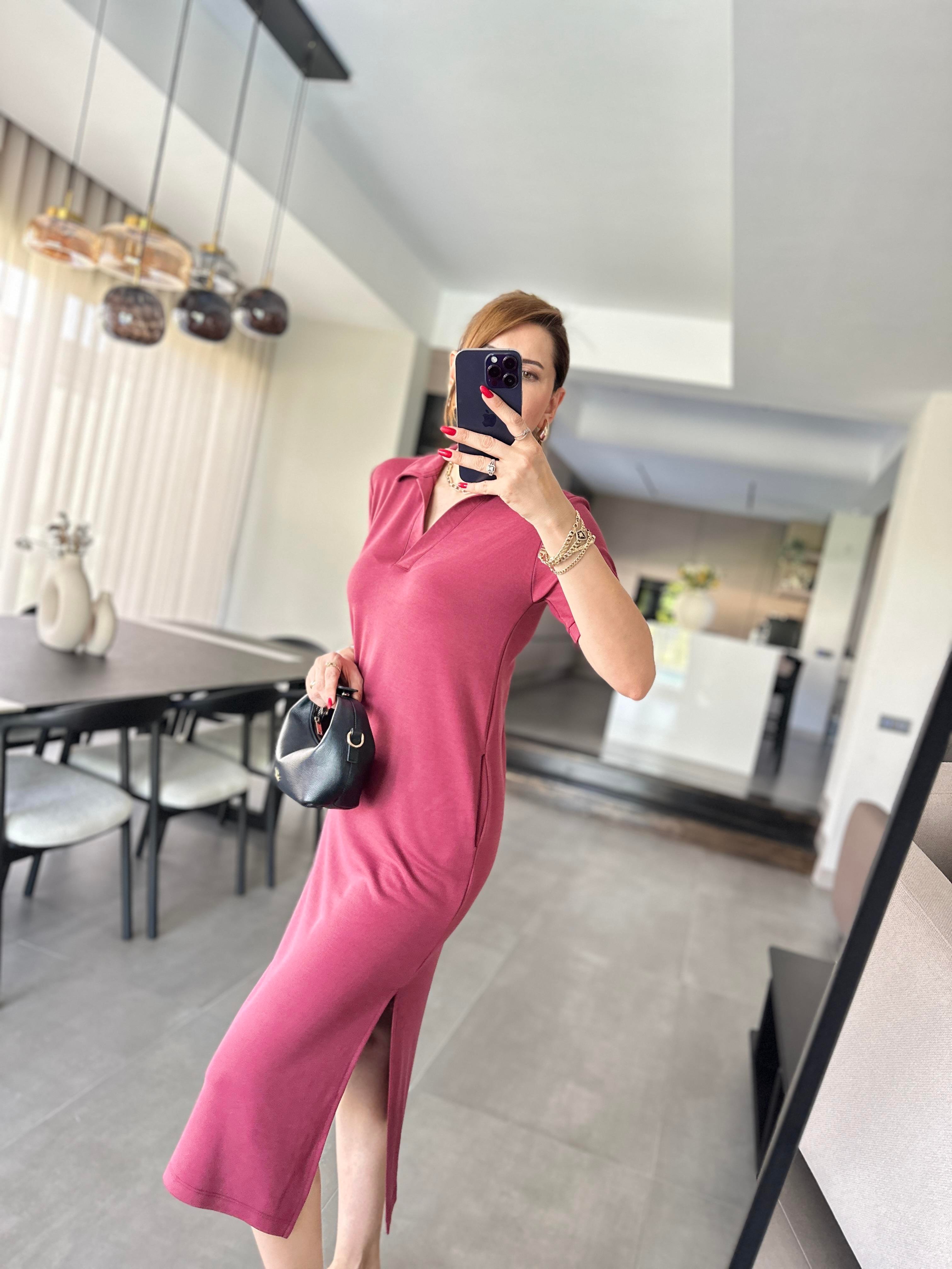 Polo Yaka Yanları Yırtmaçlı Elbise