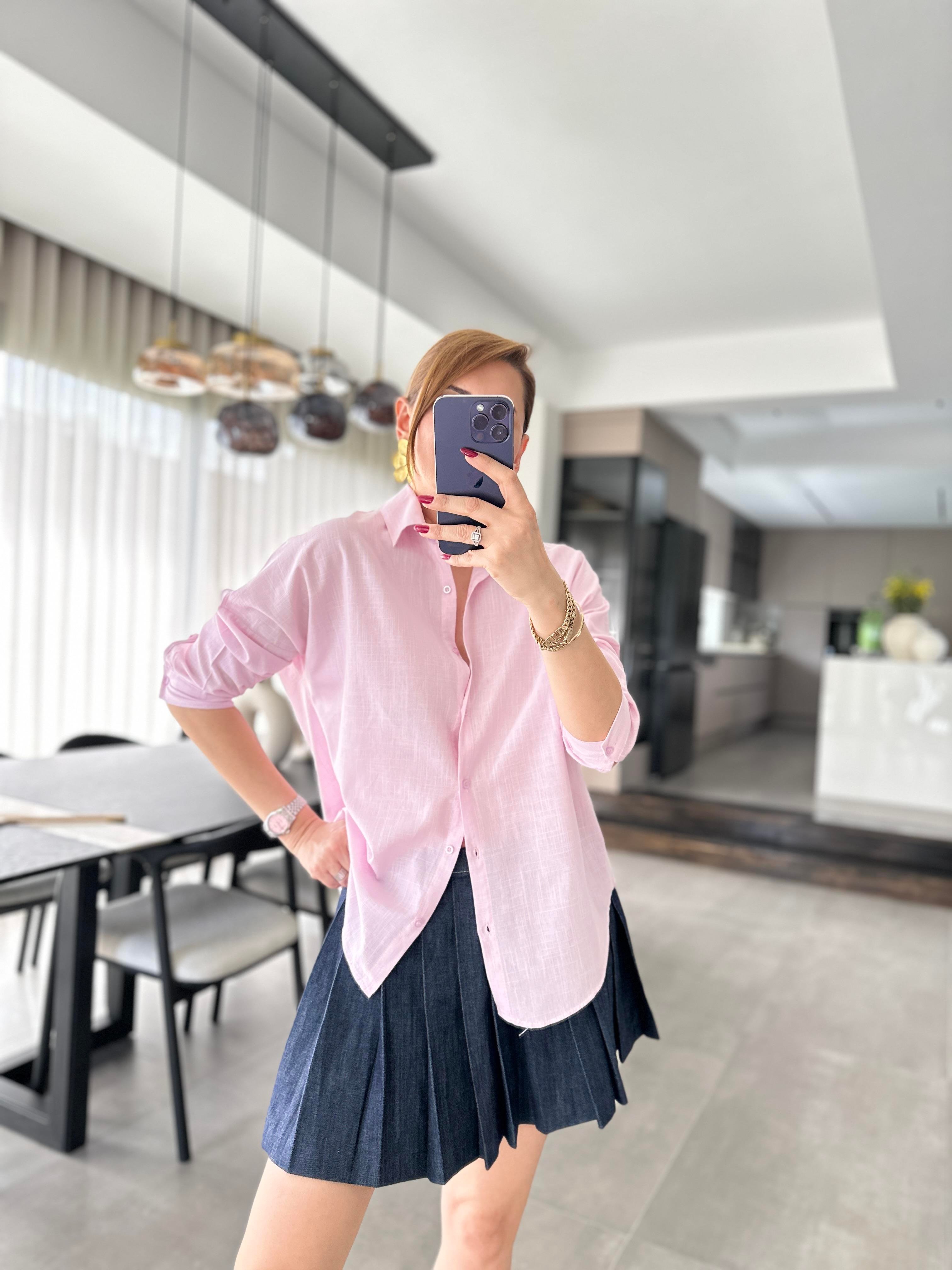 Pudra Oversize Keten Gömlek