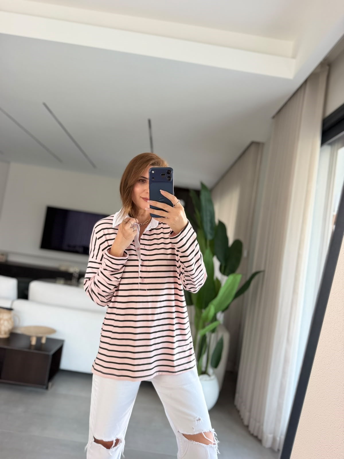 Pudra Polo Yaka Çizgili Oversize Bluz