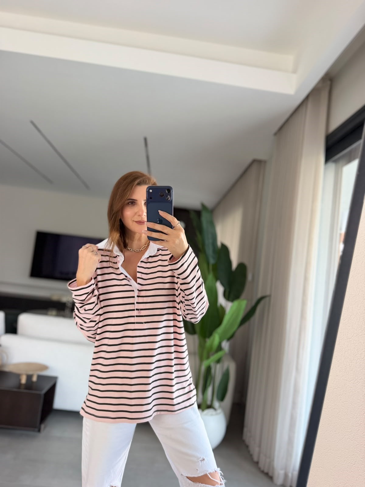 Pudra Polo Yaka Çizgili Oversize Bluz
