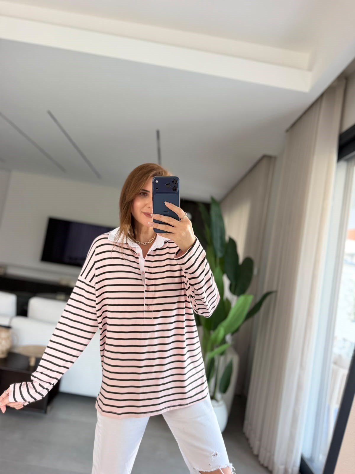 Pudra Polo Yaka Çizgili Oversize Bluz