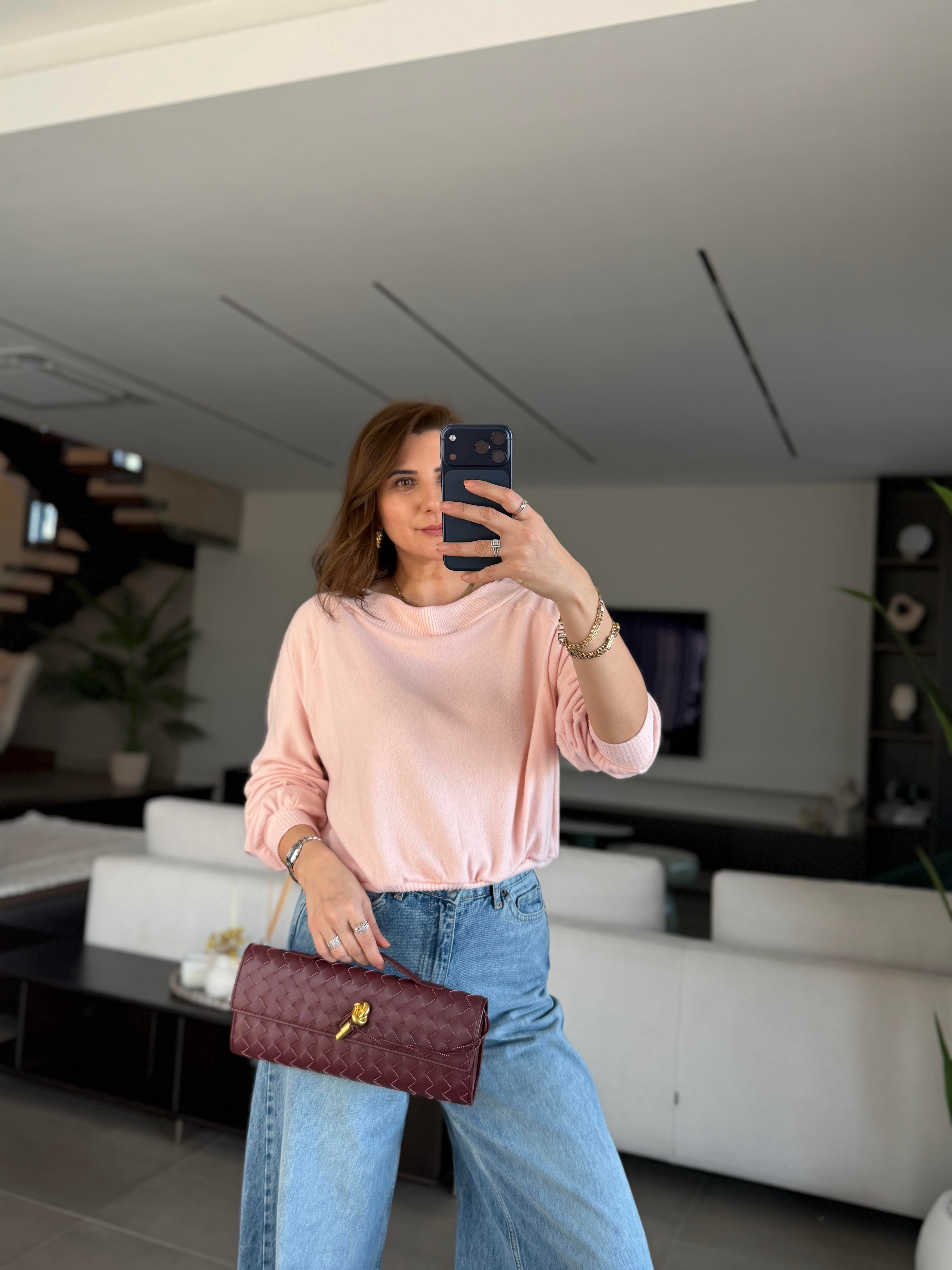 Pudra Sırt Detaylı Kayık Yaka Bluz