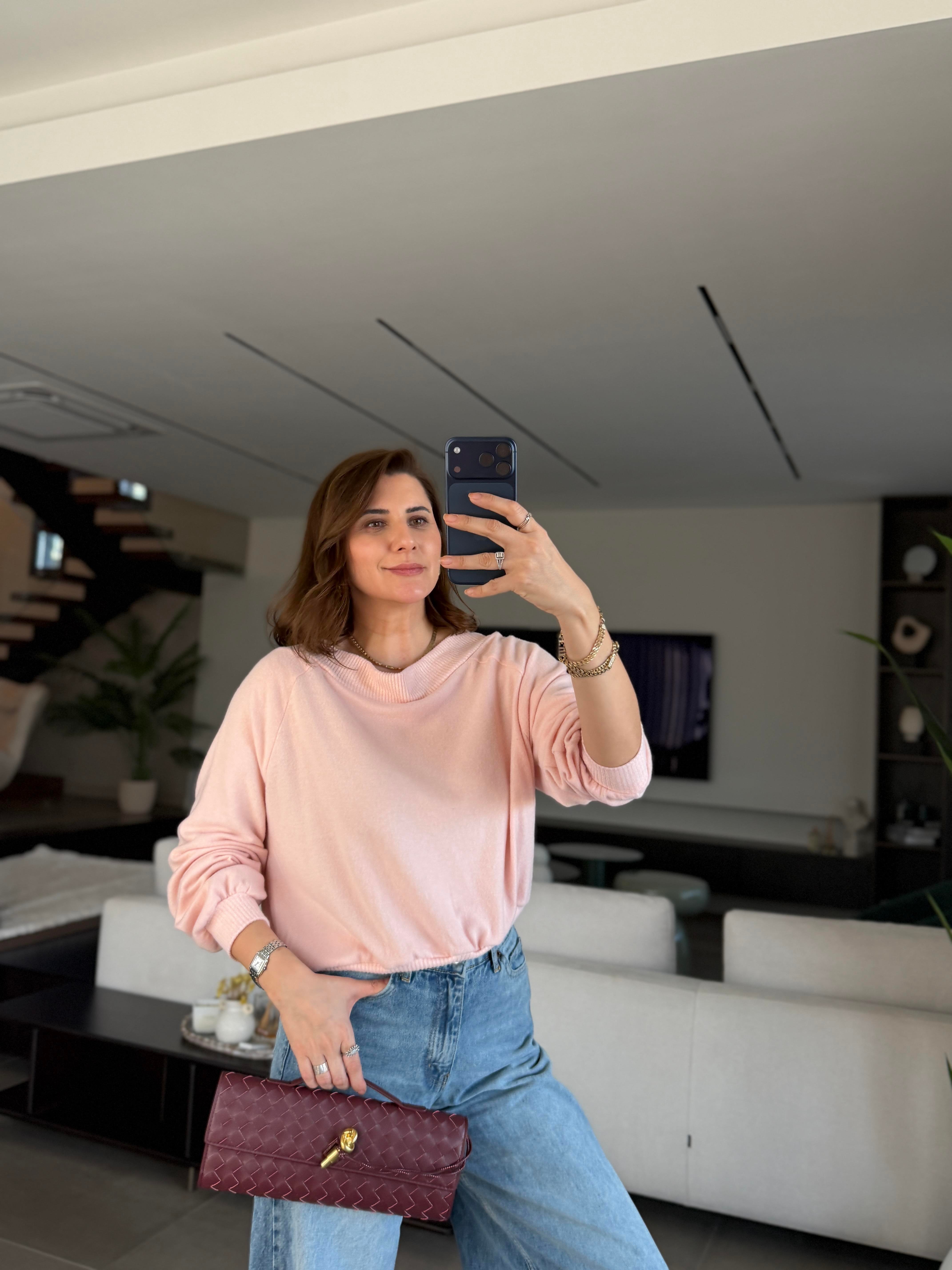 Pudra Sırt Detaylı Kayık Yaka Bluz