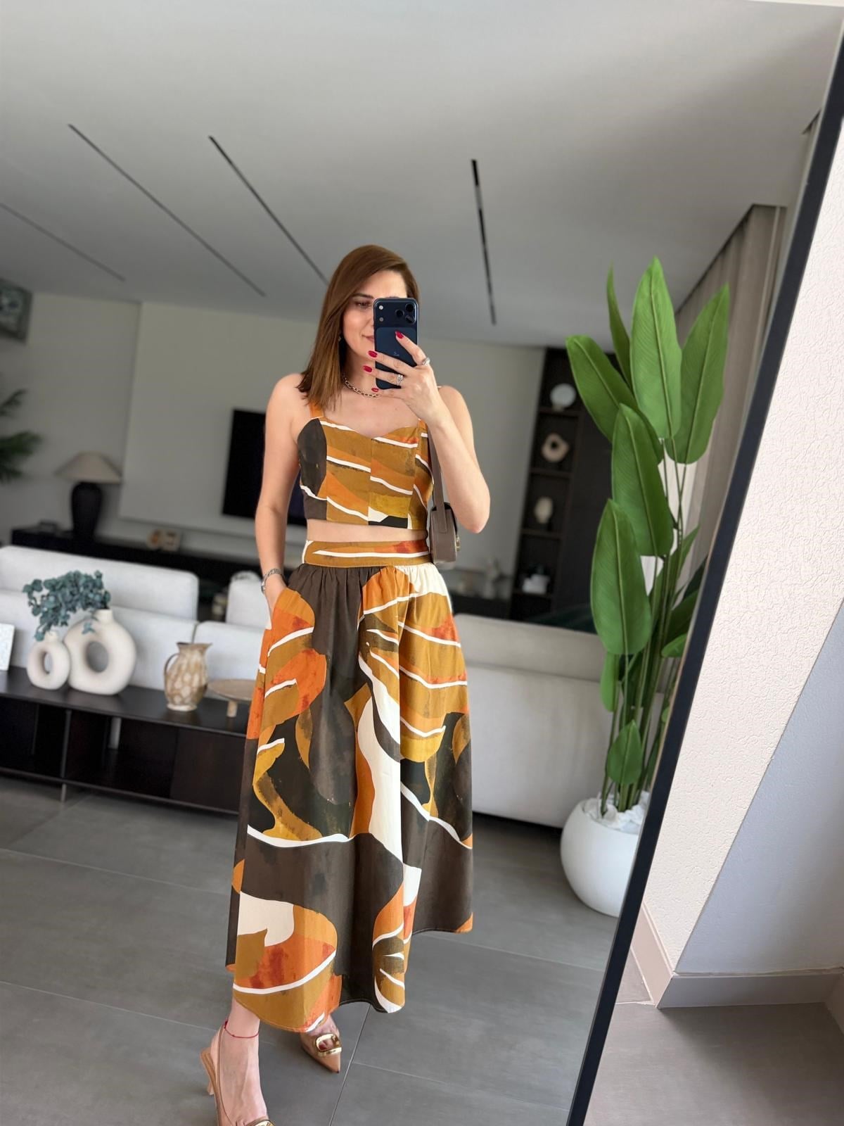 Renkli Batik Desen Crop Etek Takım