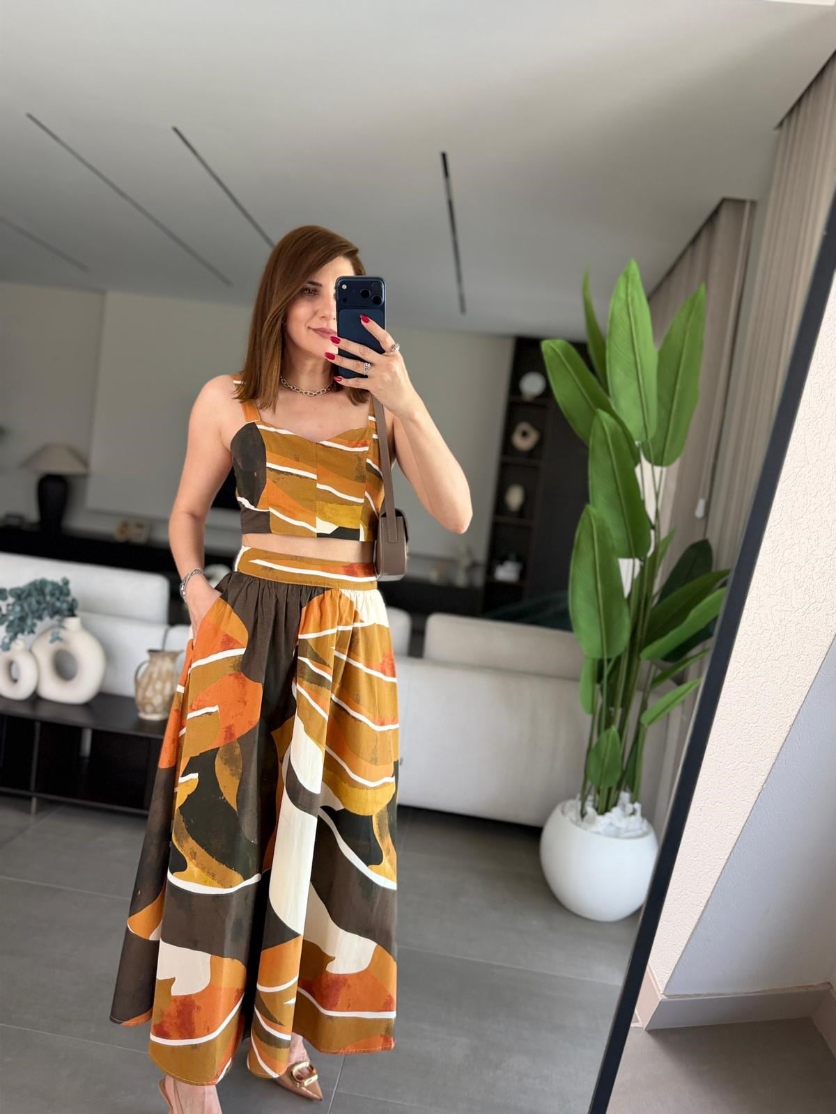 Renkli Batik Desen Crop Etek Takım