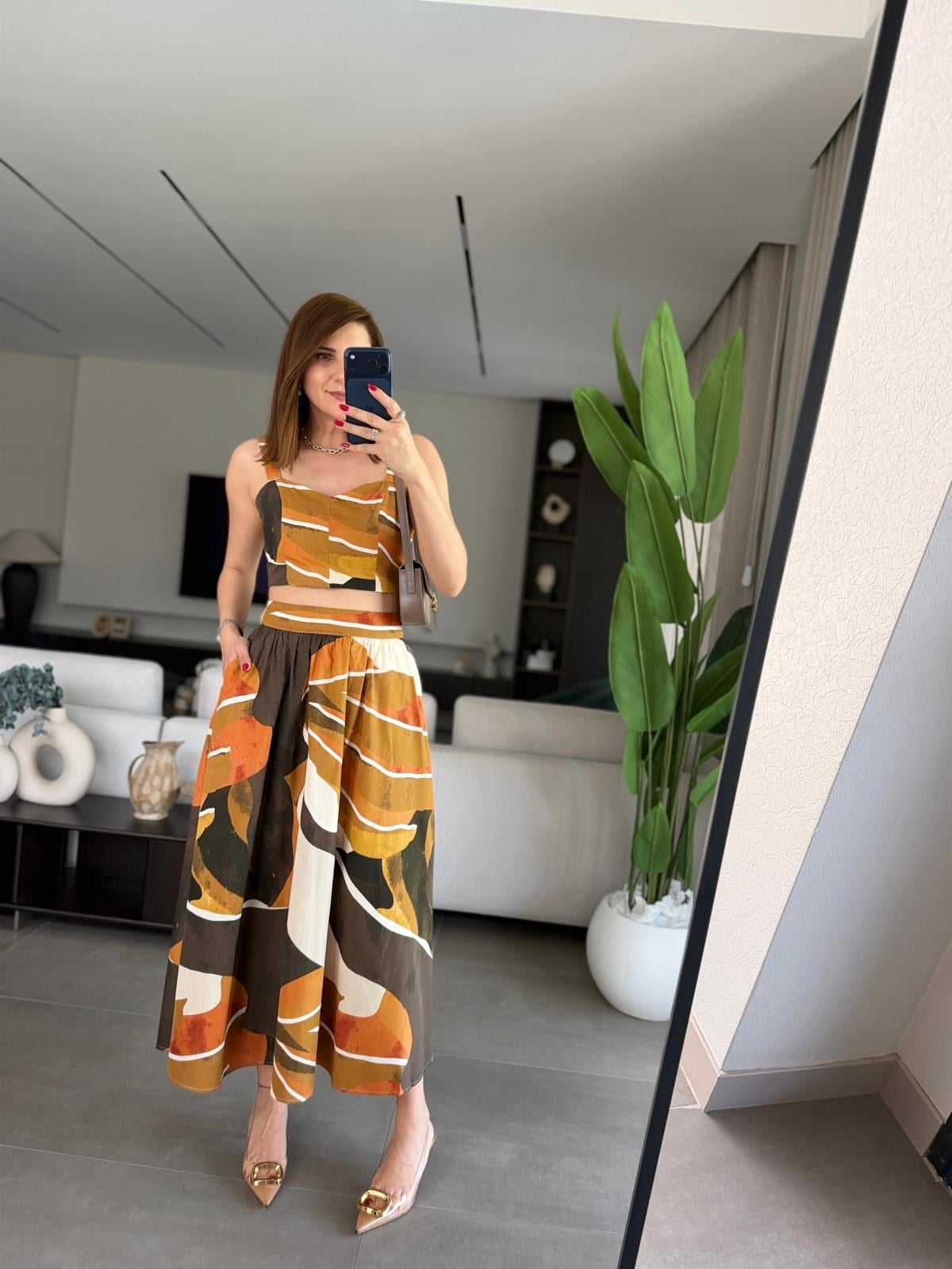 Renkli Batik Desen Crop Etek Takım